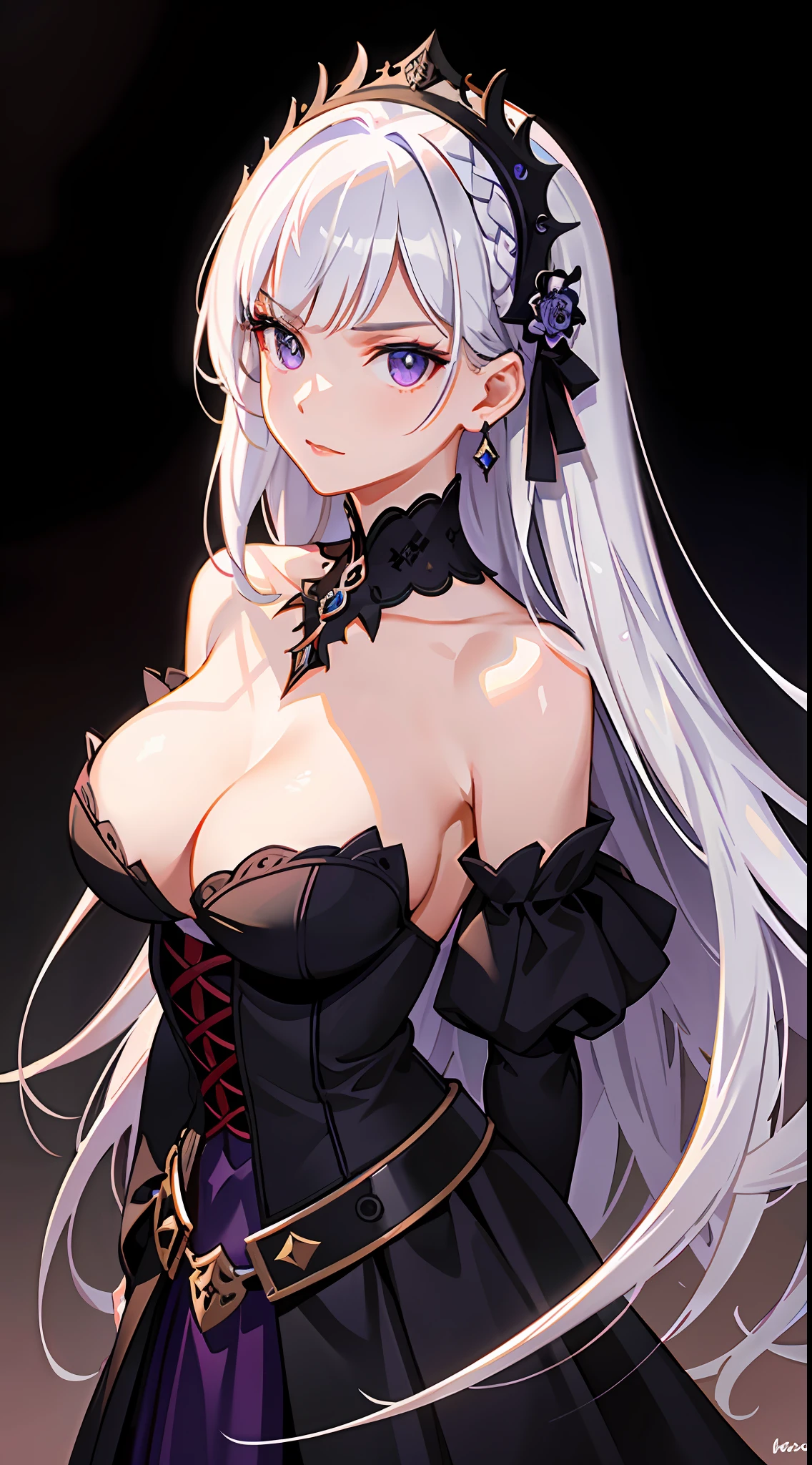 (Masterpiece, Best quality, Ultra-detailed, Best shadow), (Detailed background,Dark fantasy), (Beautiful detailed face), (Off-the-shoulder attire), Colorful, Hyper-detailing,White color hair,daggers,scowling,frenzied,big laughter,Medieval Street, 1 girl, Solo,whaite hair, sharpy face,short detailed hair,Purple eyes, Bare neck,little breast