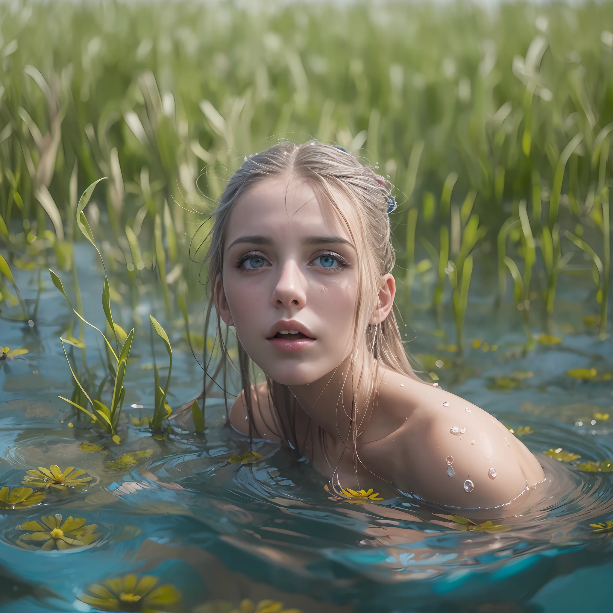 Una foto maestra de 1 chica rusa,Ethereal Beauty,dream like,(cara delicada:1.2),rubia,ojos azules,(ojos florecientes:1.2),desnuda,piel desnuda,Luz desde la derecha,Profundidad de campo,con las tetillas bajo el agua,con la mitad del pezon en el agua,cabeza fuera del agua,flotando,mujer desnuda en el agua,nivel del agua hasta su pezon