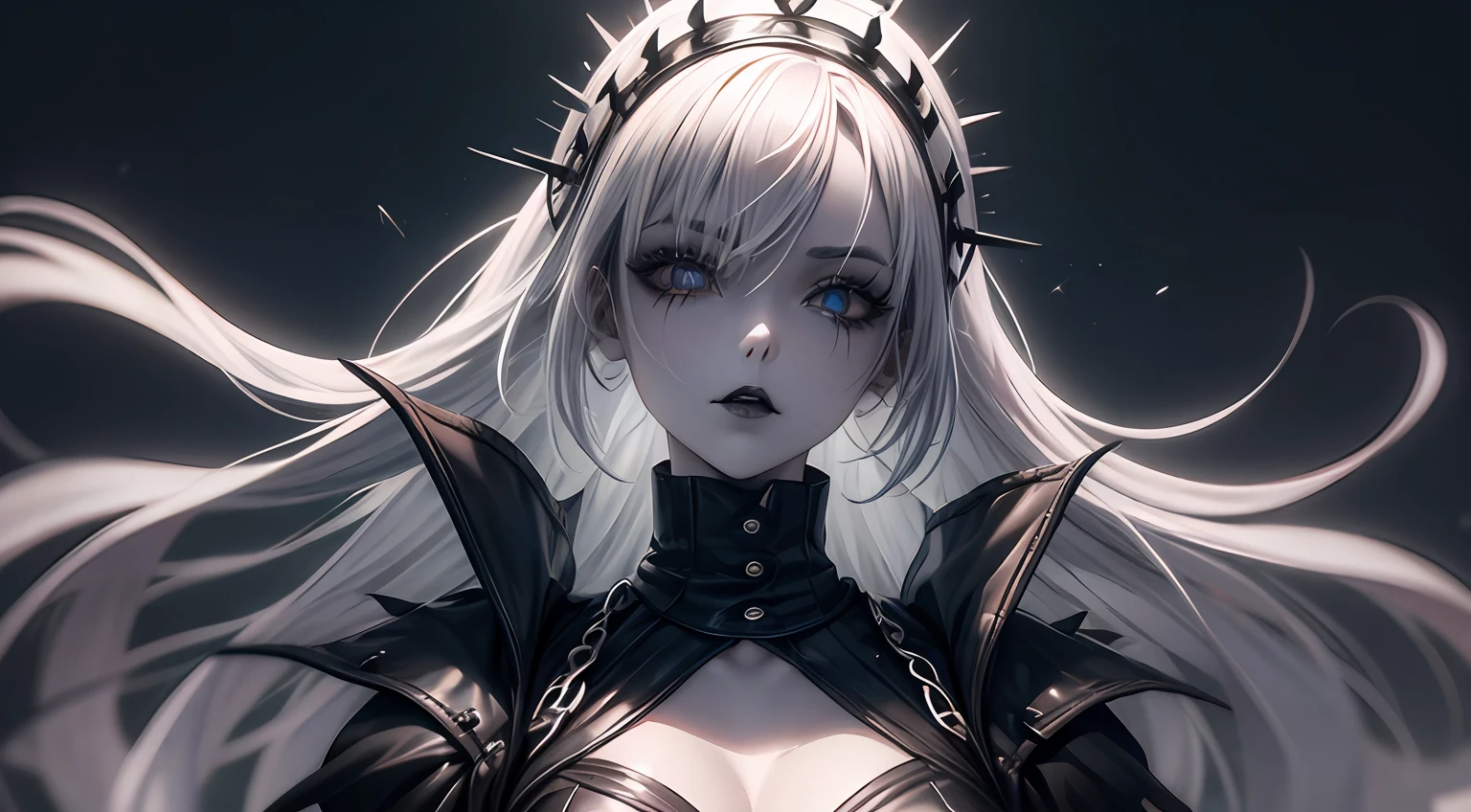 Anime girl with white hair and asymmetrical gothic style haircut, pale skinned, sobrancelhas brancas, capacete preto tampando olhos, black lipstick and extremely pointed dark gothic medieval armor. High quality Gothic-style image diffusion with white-haired anime girl, and pale skin, Pose confiante, gloomy setting, gotas de chuva, olhar severo, rosto oval, capacete preto tampando olhos, Black Lipstick 8K Detailed and Dynamic Wallpaper.