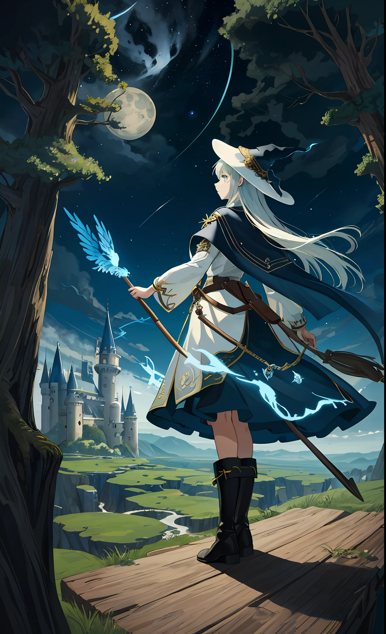 masterpiece, best quality, ultra-detailed, illustration, 1girl, solo, fantasy, flying, broom, night sky, outdoors, magic, spells, moon, stars, clouds, wind, hair, cape, hat, boots, broomstick, glowing, mysterious, enchanting, whimsical, playful, adventurous, freedom, wonder, imagination, determination, skill, speed, movement, energy, realism, naturalistic, figurative, representational, beauty, fantasy culture, mythology, fairy tales, folklore, legends, witches, wizards, magical creatures, fantasy worlds, composition, scale, foreground, middle ground, background, perspective, light, color, texture, detail, beauty, wonder.