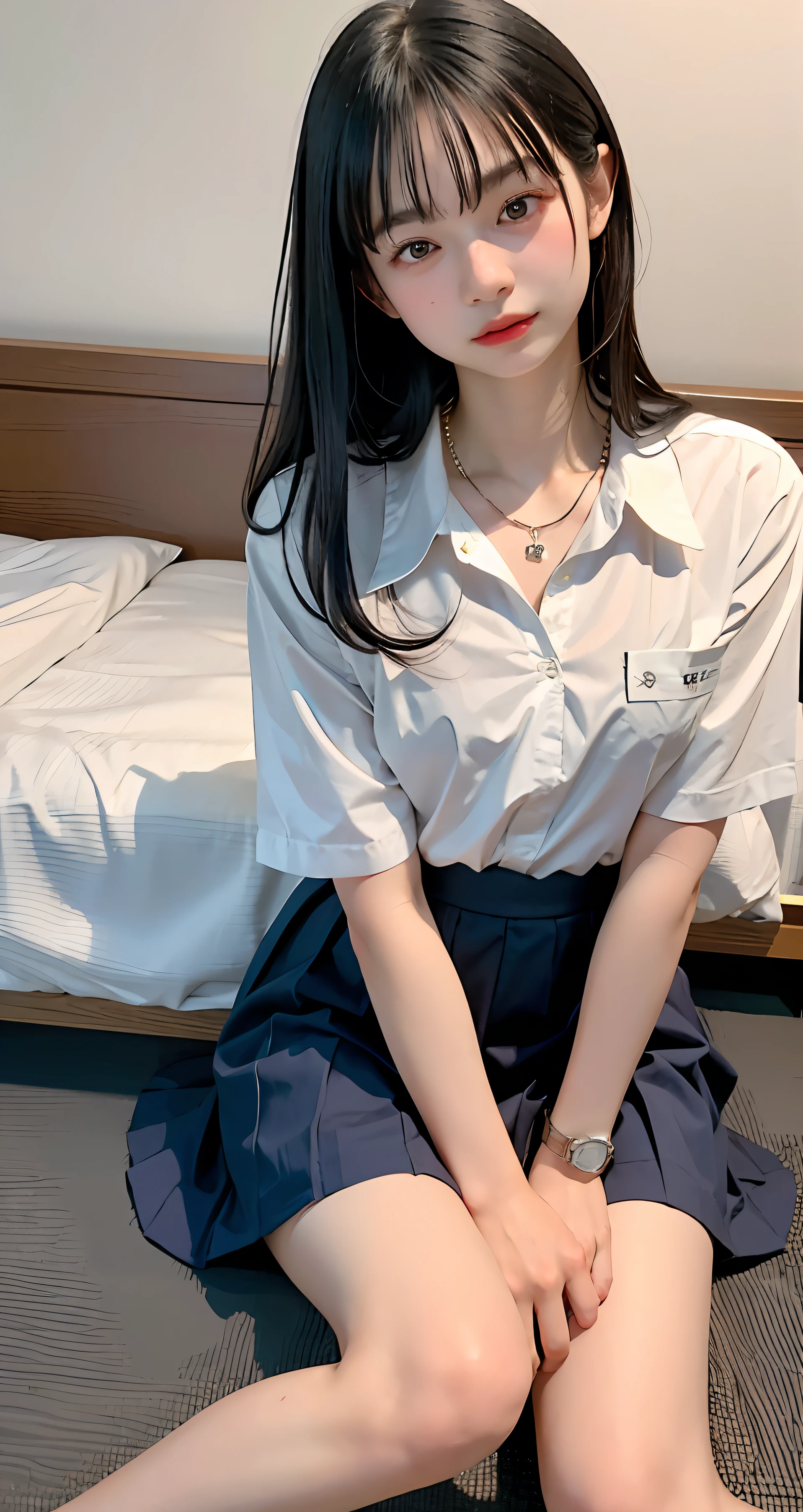 ((top-quality、​masterpiece))、Raw photography、8K、top-quality、 超A high resolution、Beautiful face in every detail、Realistic human skin、Gentle expression、front-facing view、Farbe々From an angle、length hair、realisitic、Photorealsitic、cute little、a short skirt、cute school girl、Japan schoolgirl wearing uniform、Surreal High School Girl、Bedroom、(wrist watch)、a necklace、a bed、Sit flat on the floor with your legs bent back、