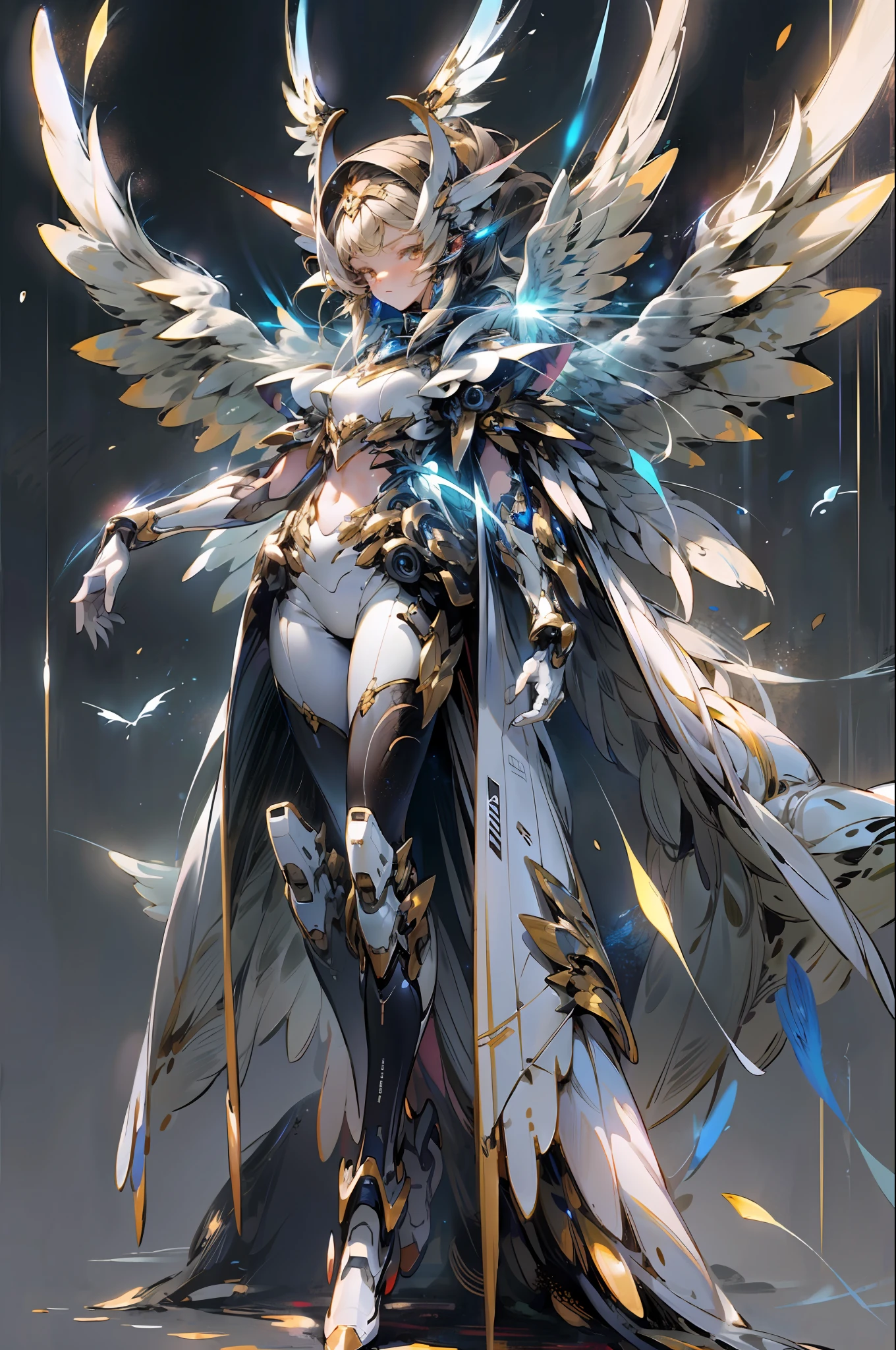 (Masterpiece:1.2, Best quality), 1 female mecha angel、Full body standing painting，Detailed and beautiful face，Blue wings grow on the back、with black background，tmasterpiece，best qualtiy