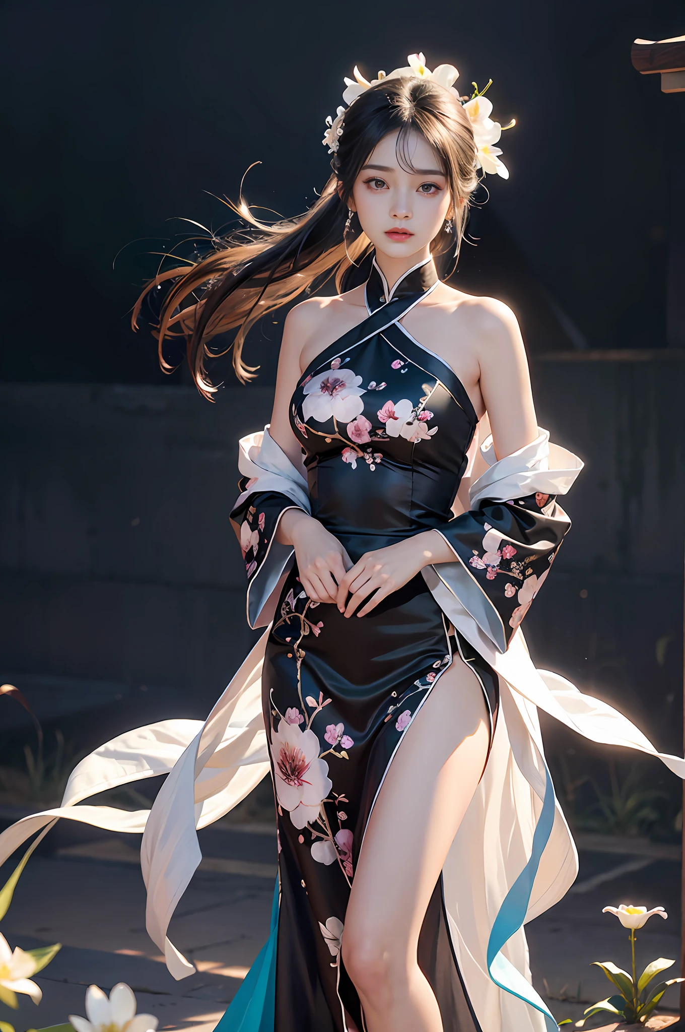 Zhong Fenghua, 1girll, (full bodyesbian) 独奏, Hanfu, flower field, blossom flower, (Black smoke:1.4) (realisticlying:1.5), datura, entangled, offcial art, Unity 8k壁纸, ultra - detailed, Beautiful and beautiful, tmasterpiece,best qualtiy, (dynamic angle:1.4), (Realistic:1.5),(Real human photos;1.5),(Bigboobs:1.2),(Liuhai hairstyle:1.5)(Shoulders exposed:1.2),Glowing skin, (Floating colorful flashes:1.2),The most beautiful classical form,(ellegance:1.2),Fauvistdesign,vivd colour,Romanticism Depth of Field,