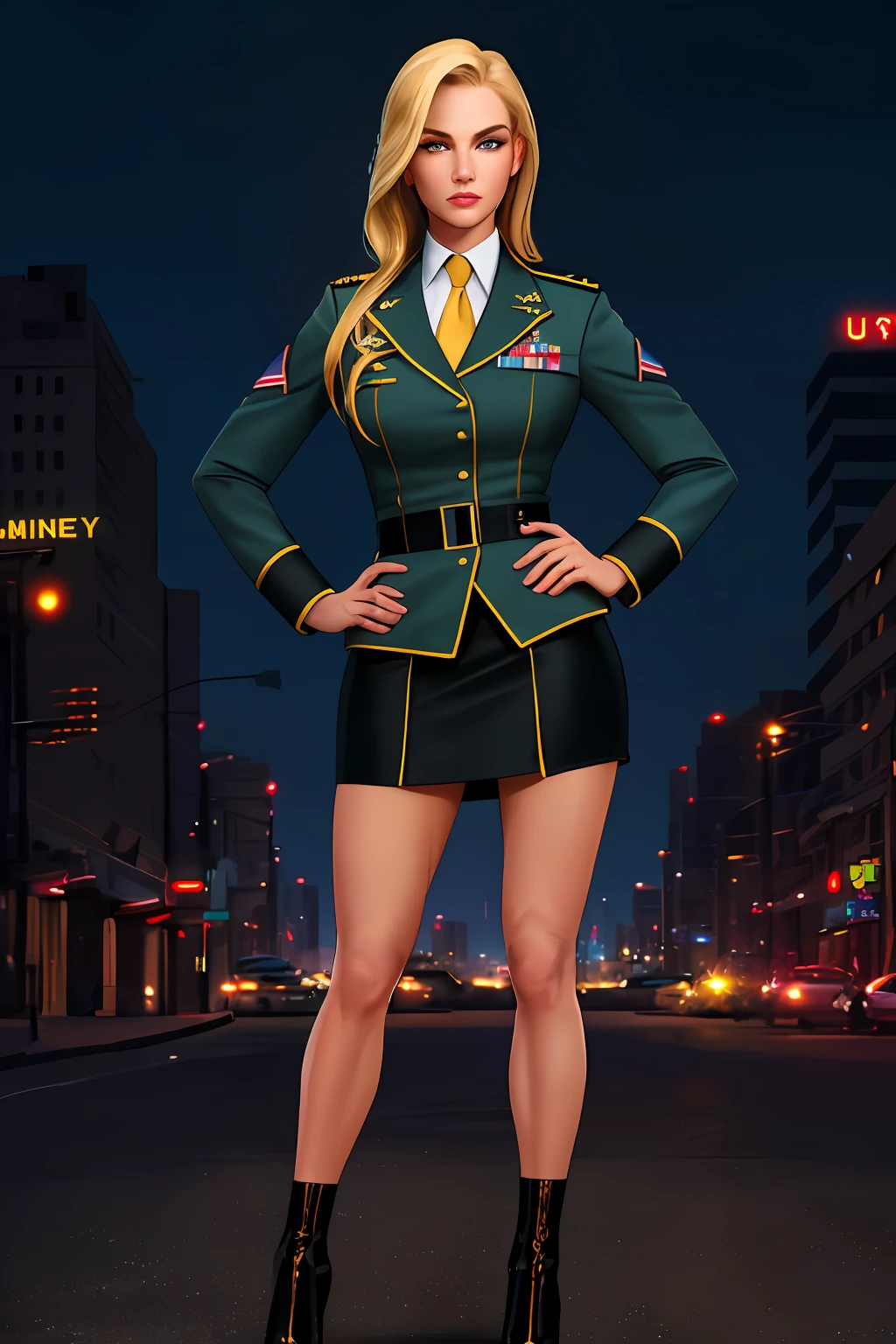 ((best quality)), ((masterpiece)), ((ultra realistic)), (dynamic sexy pose), american blonde, beautiful detailed face, detailed eyes, sexy us military officer, city backdrop, neon edge lighting, highly detailed, professional, U.S. army dress uniform, miniskirt, full body, hands on hip, medium hair,