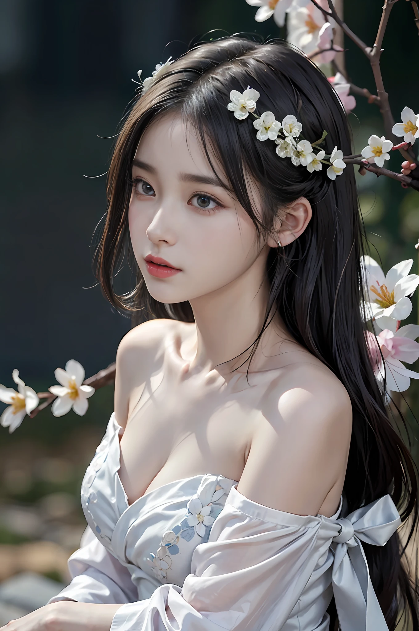 Zhong Fenghua, 1girll, (full bodyesbian) 独奏, Hanfu, flower field, blossom flower, (Black smoke:1.4) (realisticlying:1.5), datura, entangled, offcial art, Unity 8k壁纸, ultra - detailed, Beautiful and beautiful, tmasterpiece,best qualtiy, (dynamic angle:1.4), (Realistic:1.5),(Real human photos;1.5),(Bigboobs:1.2),(Liuhai hairstyle:1.5)(Shoulders exposed:1.2),Glowing skin, (Floating colorful flashes:1.2),The most beautiful classical form,(ellegance:1.2),Fauvistdesign,vivd colour,Romanticism Depth of Field,