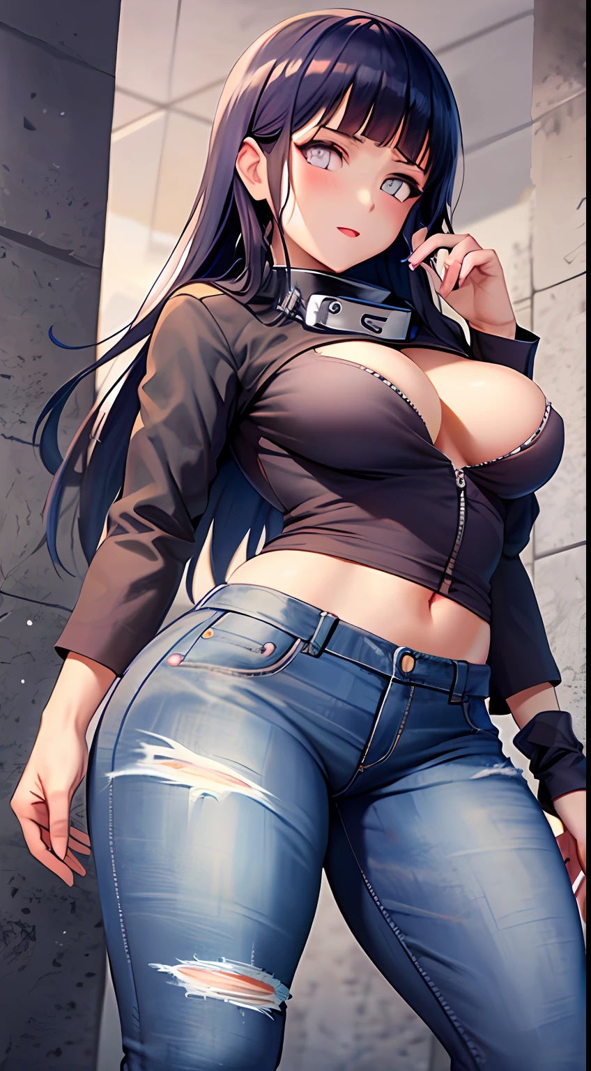 obra-prima, Alto, alta qualidade, rosto detalhado, render corpo detalhado, 1girl, sozinho, hyuuga hinata, hinata-sleevless-outfit, middlebreasts, Small thorax, quadril largo, coxas grossas,  barriga de fora, top, tampo da rede de pesca, Dark lips, no-bra, seios para fora, Dope, standingn, Blushes, (no quarto), tight jeans