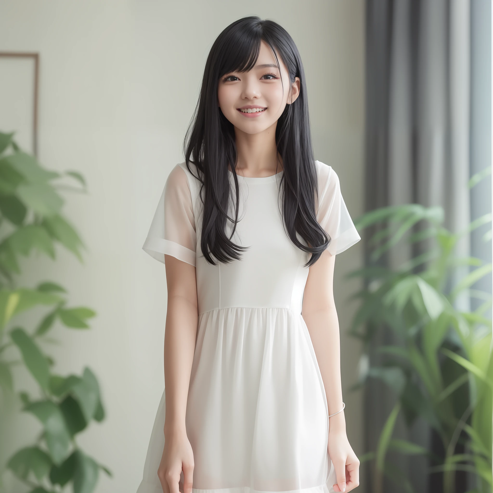 With the best image quality、Teenage girl standing in room。(((Black Hair Bob Hair)))、Cute smile with mouth closed.。Fabric thin white short sleeve dress、I can see through my skin