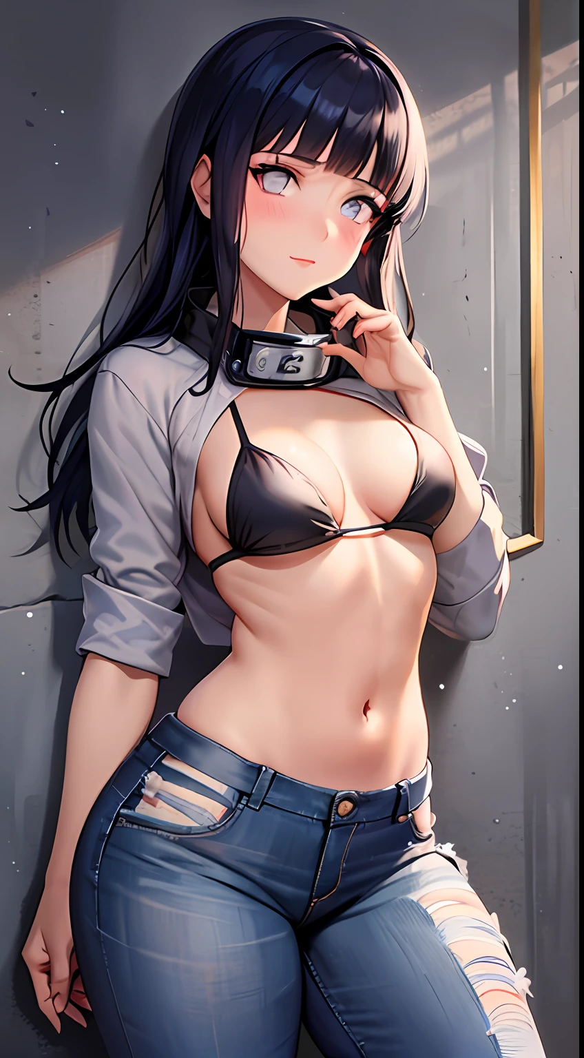 obra-prima, Alto, alta qualidade, rosto detalhado, render corpo detalhado, 1girl, sozinho, hyuuga hinata, hinata-sleevless-outfit, middlebreasts, Small thorax, quadril largo, coxas grossas, barriga de fora, top, tampo da rede de pesca, Dark lips, no-bra, seios para fora, Dope, standingn, Blushes, (no quarto), tight jeans