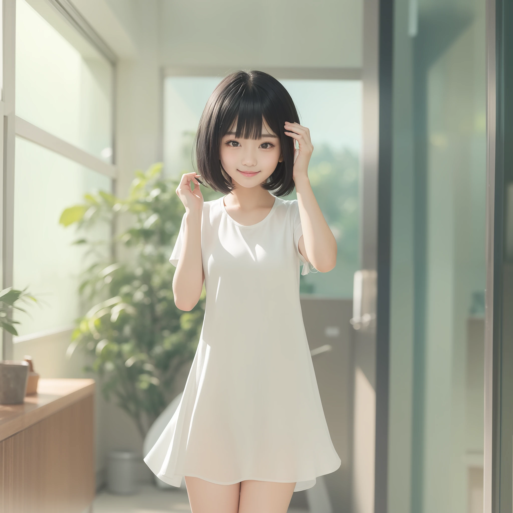 With the best image quality、age girl standing in room。(((Black Hair Bob Hair)))、Cute smile with mouth closed.。Fabric thin white short sleeve dress、I can see through my skin