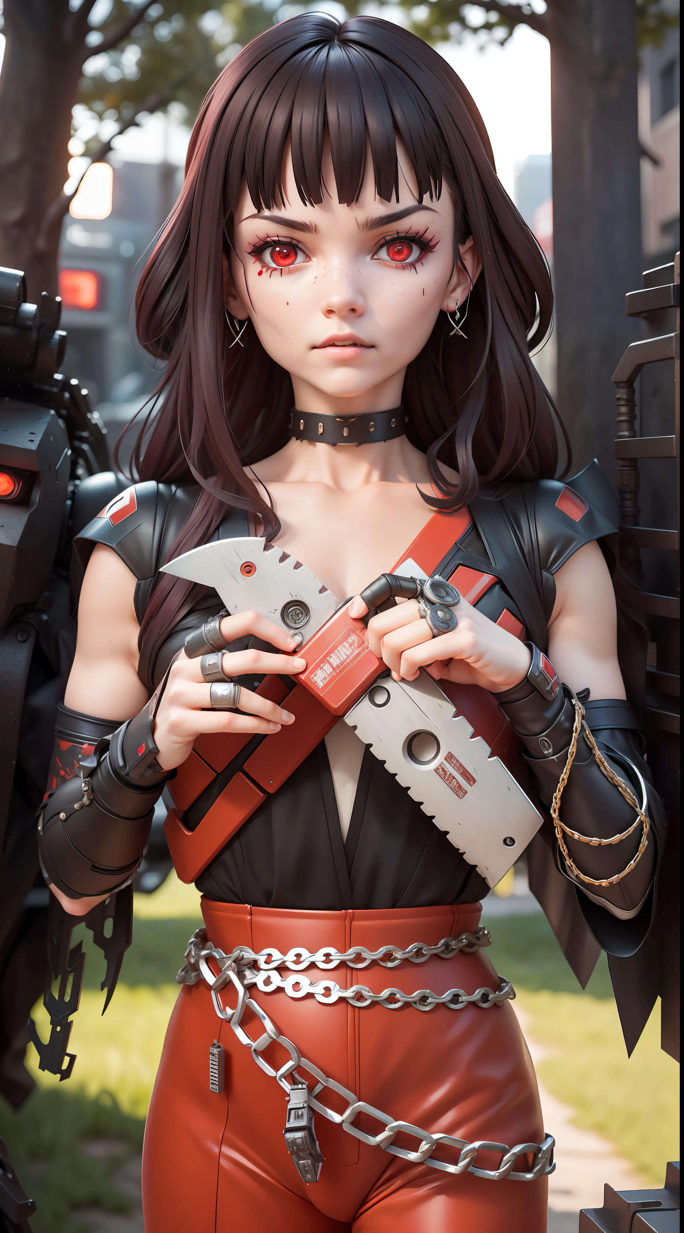Dark_Fantasy,Cyberpunk,(chain saw,chain saw man,Red:1.1),1man,Mechanical marvel,Robotic presence,Cybernetic guardian, wearing a worn-out mech suit, intricate, (steel metal [rusty]), elegant, clear focus, shot by greg rutkowski, soft lighting, vibrant colors, masterpiece, ((street)), cowboy shot, dynamic pose, red eyes , mask cyborg