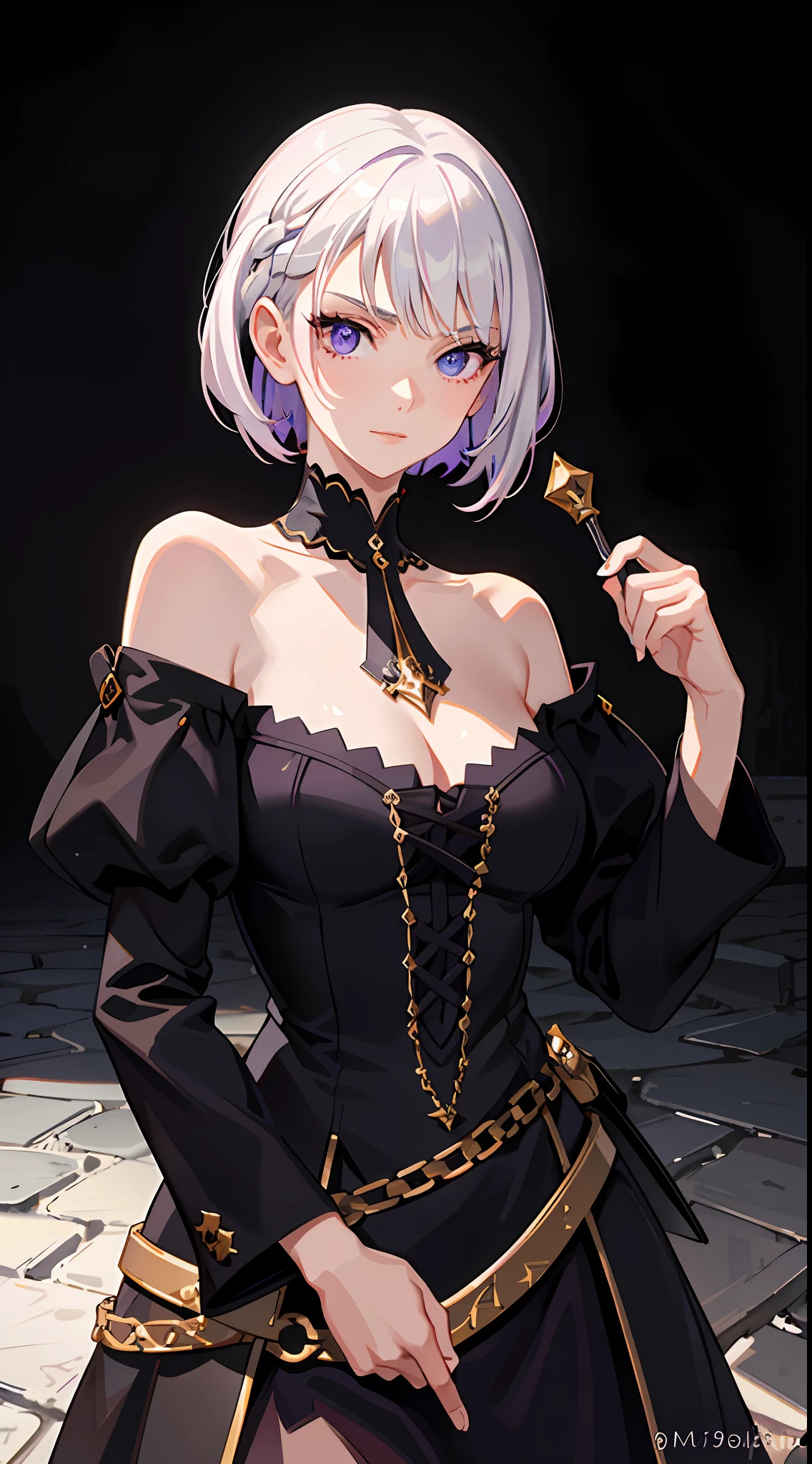 (Masterpiece, Best quality, Ultra-detailed, Best shadow), (Detailed background,Dark fantasy), (Beautiful detailed face),  (Off-the-shoulder attire), Colorful,take up close， Hyper-detailing，White color hair，daggers，scowling，frenzied，big laughter，Medieval Street, 1 girl, Solo,whaite hair, sharpy face,short detailed hair,Purple eyes, Bare neck，little breast