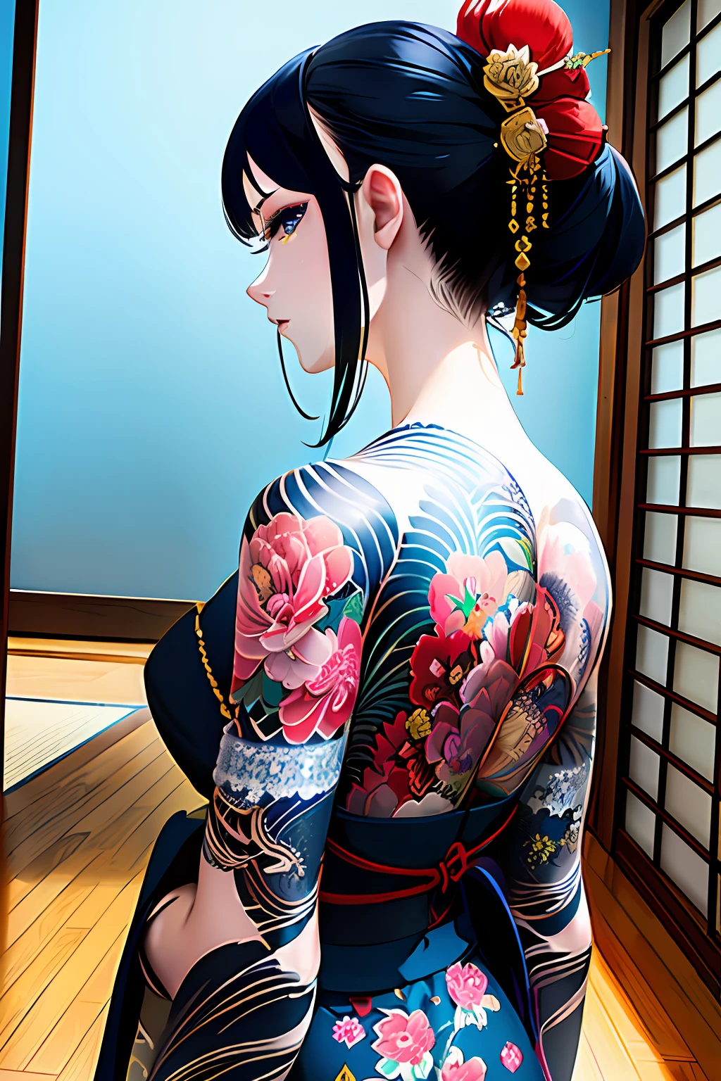 (masterpiece, top quality, best quality, official art, beautiful and aesthetic:1.2),1girl, tattoo, solo, japanese clothes,  hair ornament, unsheathing, black hair, sheath, back tattoo, blue eyes,  off shoulder, bare shoulders, looking back, from behind, flower, looking at viewer,  holding, makeup, 
indoor,