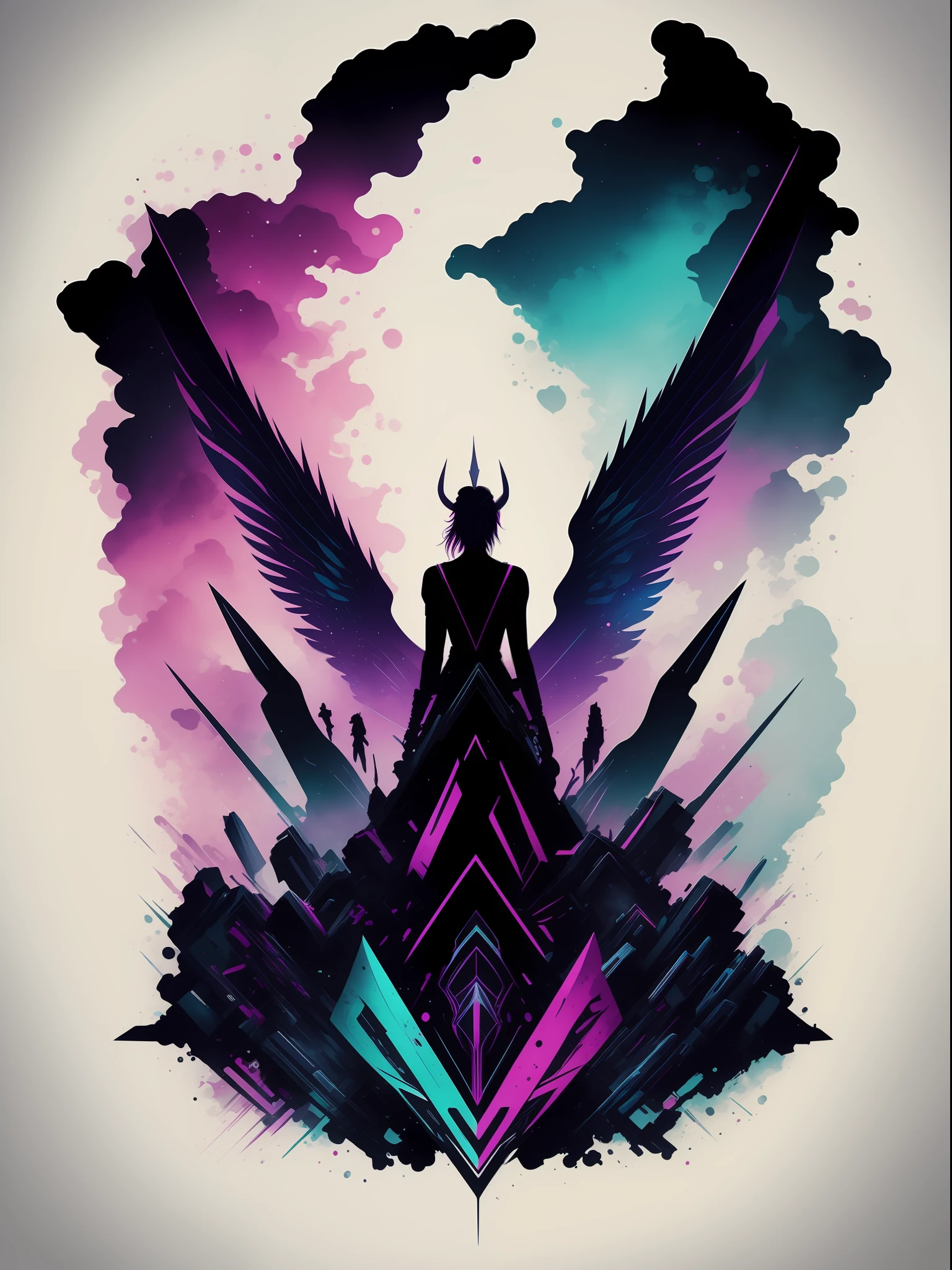 valkyries, 2D t-shirt art, Cyberpunk, epic illustration, vector, 2d illustration, black background, very colorful, full gradient modern colors, Focused, front view