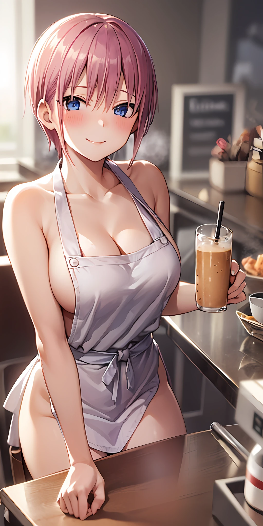 1girl, solo, nakano ichika, pink short hair, (naked:1.3), (white apron), large breasts, cleavage, thighs, cafe background, (blushing:1.2), smiling