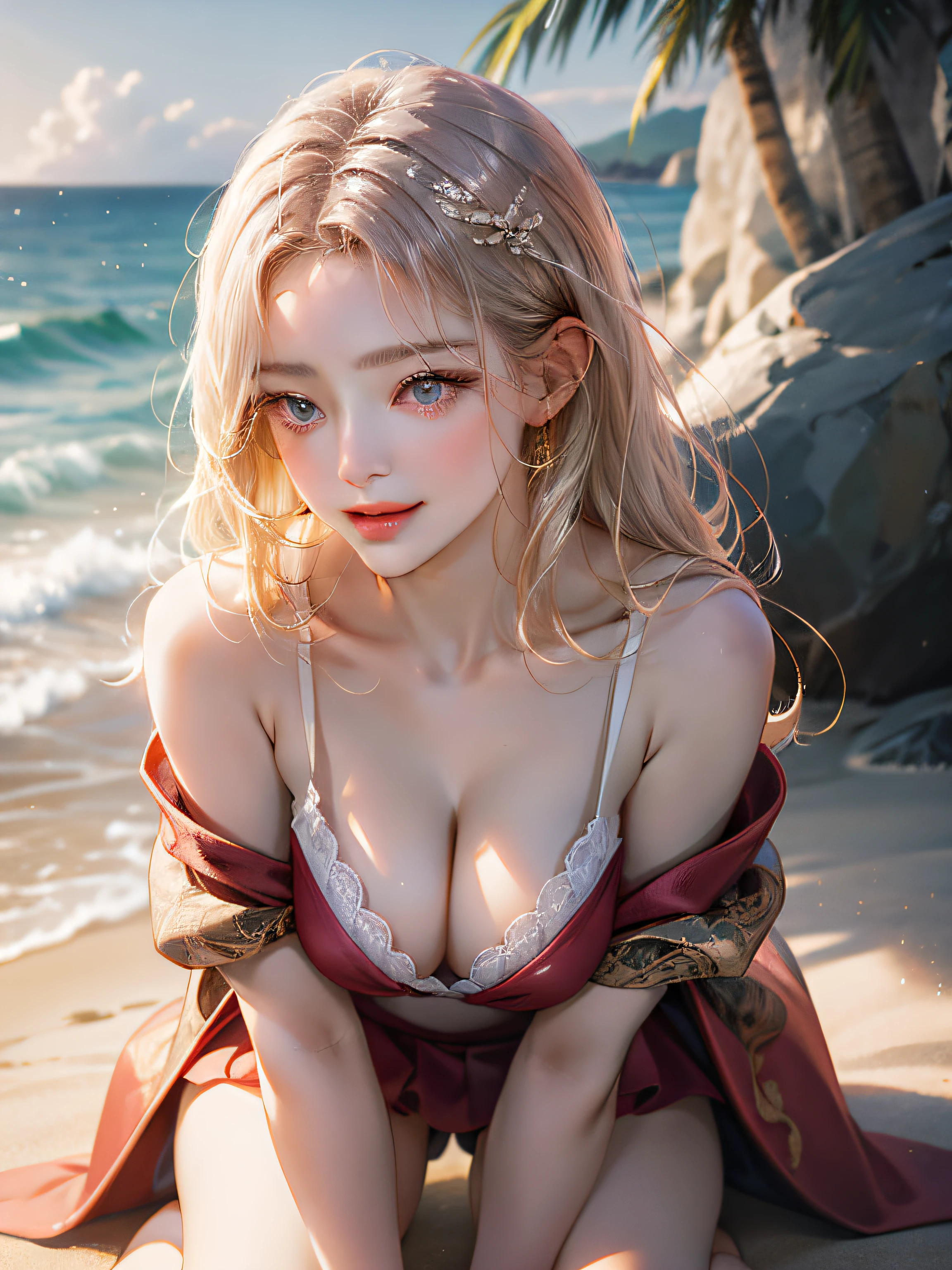 （Woman in the back standing on the beach）、(absurderes、hight resolution、ultra-detailliert)、Beautuful Women、close up of face、Facial emphasis、sface focus、Diagonal view、22、1８、（short golden-white hair））、shiny and beautiful hair、Beautiful skins、luscious skin、beautidful eyes、With bangs、Away from the shoulders、highlight in eyes、Unbroken hands、Rich lighting、beauty breast、pale pink lip、Soft lips、Slightly open mouth、High-definition CG uniform 8K wallpaper、 Attention to detail、portraitures、line of sight、独奏、From head to knee、A detailed face、little smiling、sexypose、(Themes of modern Japan:1.1)、）（（Red bikini）） blue open sky、Beach、Dating scene、　（sand beach）