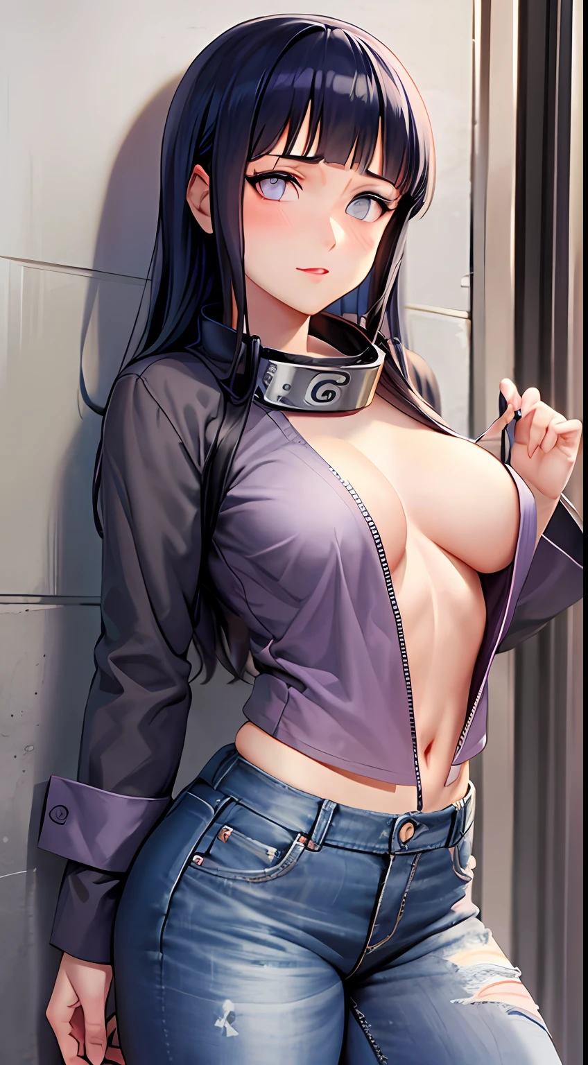 obra-prima, Alto, alta qualidade, rosto detalhado, render corpo detalhado, 1girl, sozinho, hyuuga hinata, hinata-sleevless-outfit, middlebreasts, Small thorax, quadril largo, coxas grossas,  barriga de fora, top, tampo da rede de pesca, Dark lips, no-bra, seios para fora, Dope, standingn, Blushes, (no quarto), fabric jeans