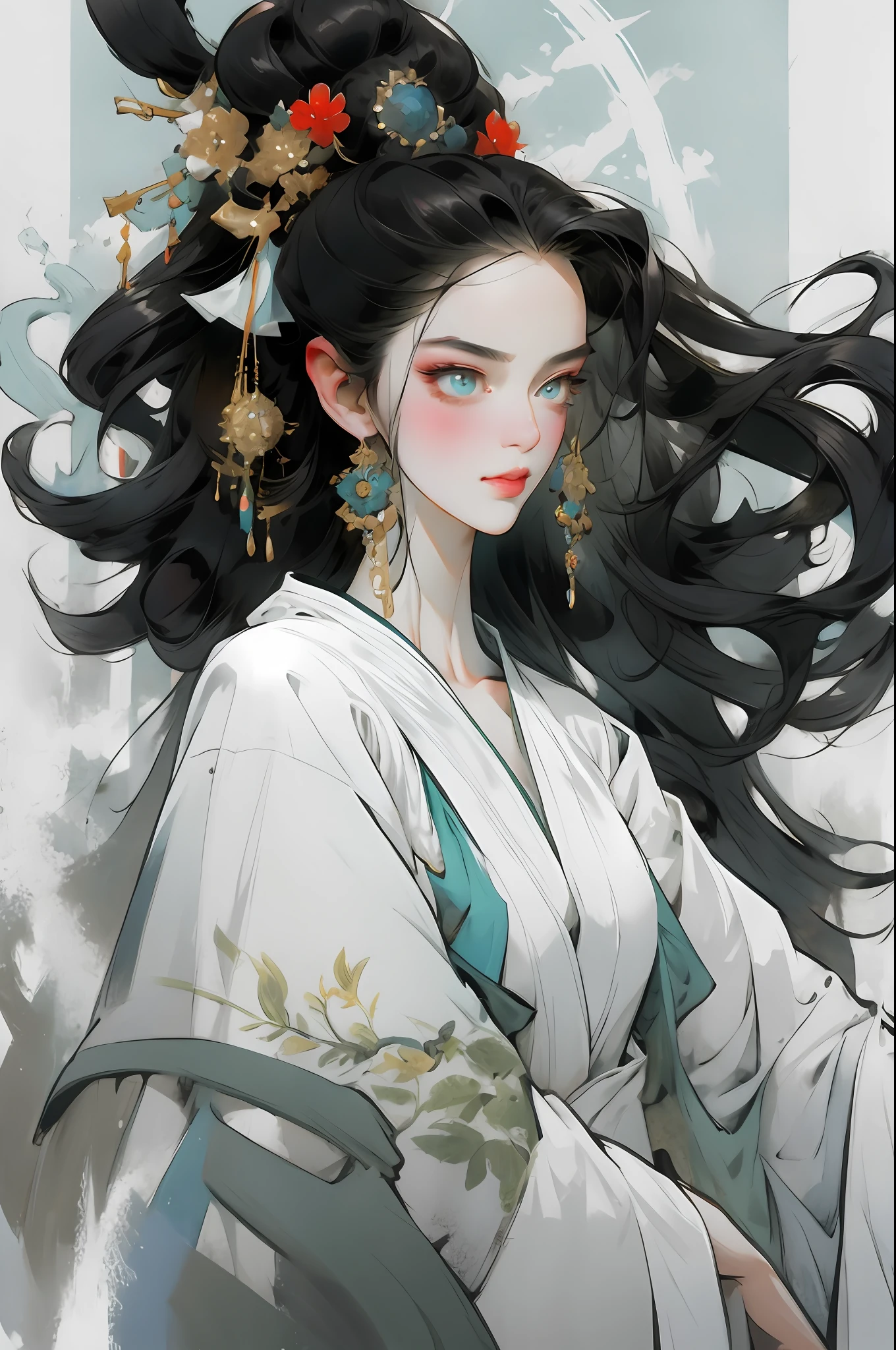 （Beautiful girl dressed in white），Full body standing painting，Wide sleeves，watery big eyes，Beautiful face and smooth fair skin，s delicate face，cabelos preto e longos，An ancient Chinese beauty，wearing ancient Chinese costume，gossamer，Colorful，Vivid and bright colors，Vibrant digital illustration，（clean backdrop），Ink painting style，Clean colors，Decisive cut，A white space，tmasterpiece， Ultra-delicate，Epic composition，high high quality，HighestQuali，4K