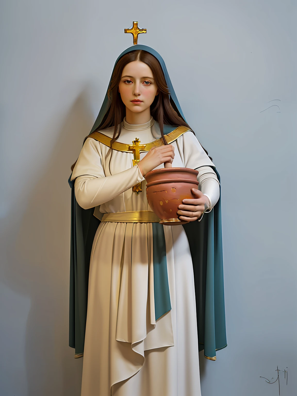 Painting of a woman holding a clay pot under her arm, mary in a sanctuary, Virgem Maria, Retrato da Virgem Maria, santa mulher, Iconografia religiosa, inspirado em Geertgen to Sint Jans