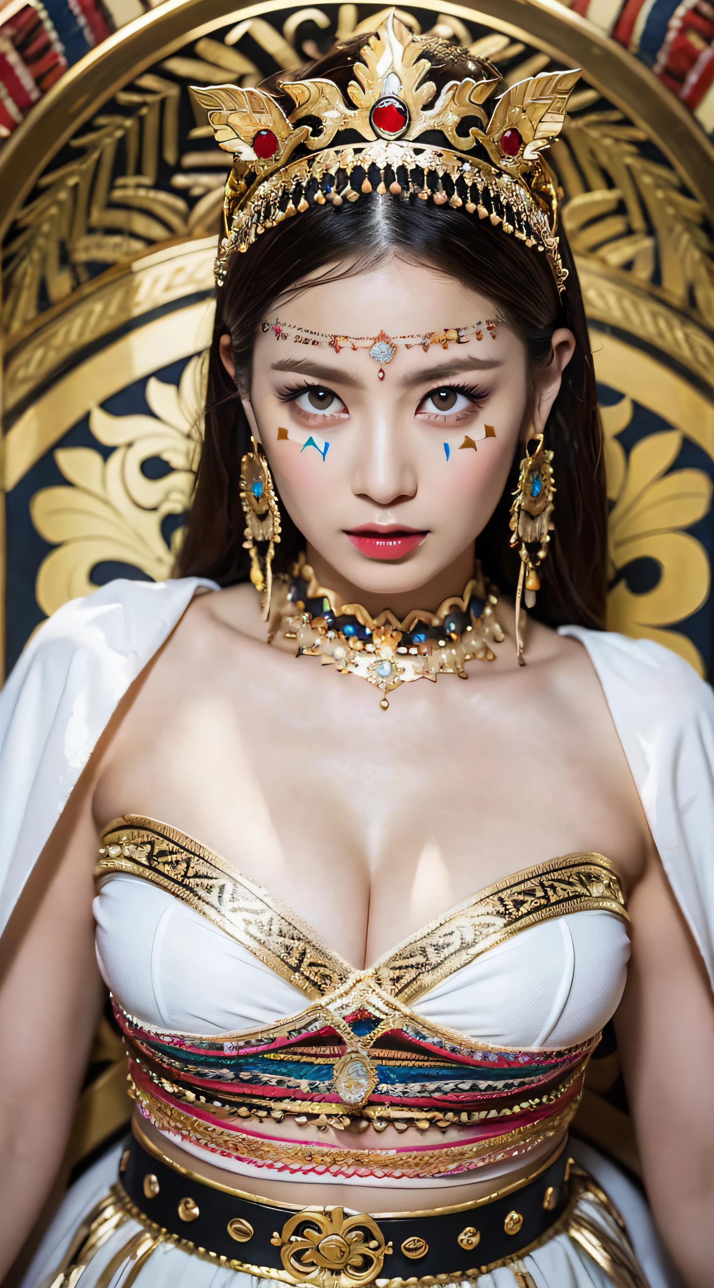 ((Realistic lighting, Masterpiece: 1.3)), (raw photo:1.2), Hyperrealist portrait gorgeous Beautiful tribal Chinese leader, mature woman, 40 years old, Milf, beautiful serious face, wrinkled face, beautiful detailed charming eyes, (pretty big breasts: 1.1), ((tribal white cape: 1.1), (tribal white mix gold strapless), (white tribal dress)), tribal loin cloth, tribal jewelry, native american attire, tribal diadem circlet, tribal palace background, legendary style, epic style, full body, sit on tribal throne, professional photography, font view, very detailed faces, (red lips, subtle makeup: 1.3), Best quality, 8K, colorful style