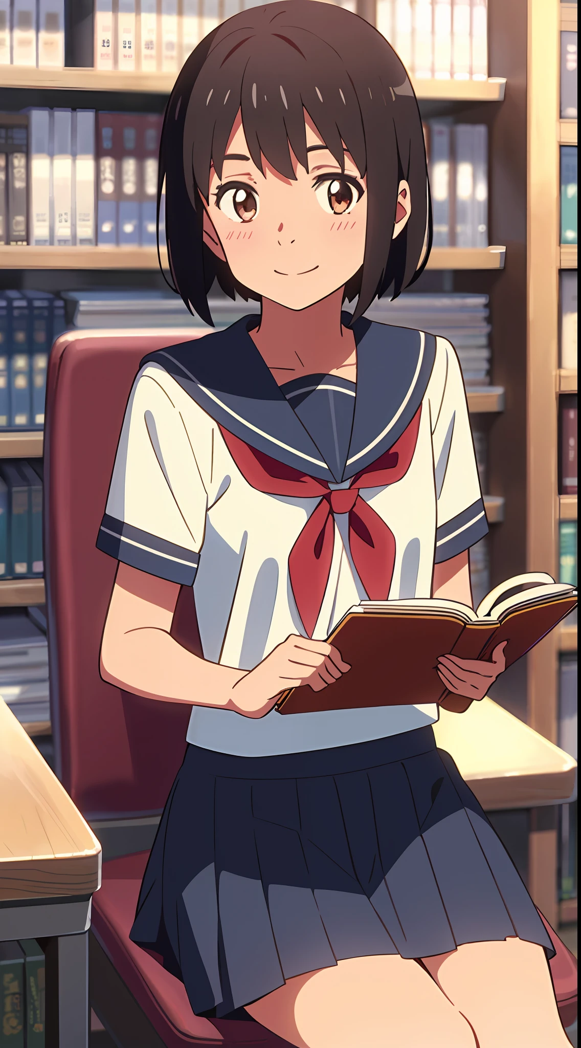 Anime girl sitting in a chair reading a book in a library - SeaArt AI