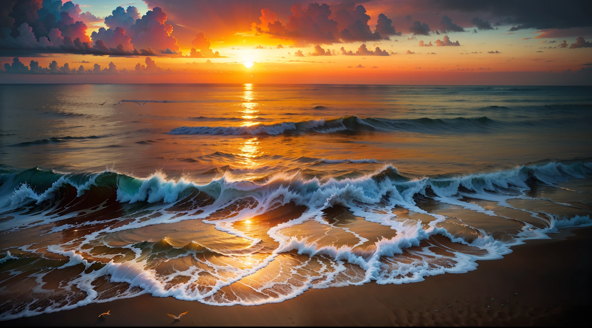 An absolutely mesmerizing sunset over the beach, with a blend of oranges, pinks, and yellows filling the sky. Crystal-clear waters of the sea gently kissing the shore, with sandy white beach stretching far and wide. The scene is dynamic and breathtaking, with seagulls soaring high in the sky and gently swaying palm trees. Take in the calming atmosphere and let the peacefulness wash over you.