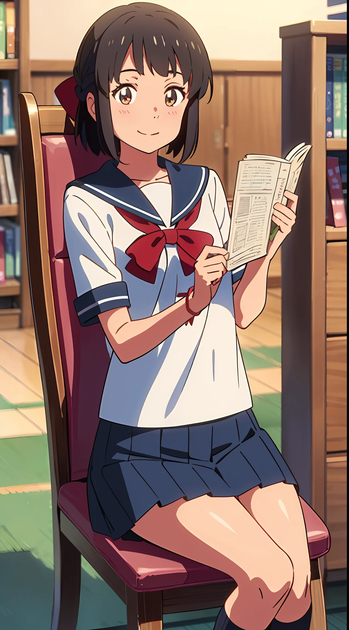 best quality, masterpiece, shinkai makoto, kimi no na wa., 1girl, bangs, black hair, blush, brown eyes, sailor collar, blue sailor collar, sailor color, white sailor color, serafuku, looking at the viewer, red bow, red headband, red ribbon, school uniform, short hair, smile, cute, solo, shirt, blue skirt, pleated skirt, short sleeves, smile, sitting in a chair, library, reading a book