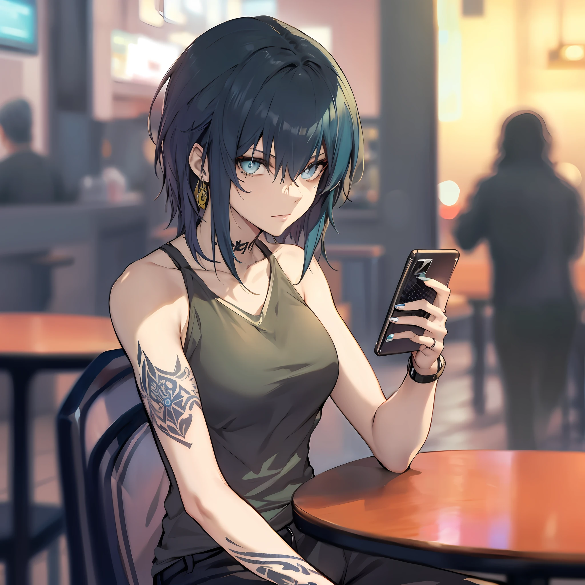 corrigir olhos e dedos, Blue-haired woman tattoos on arm holding a cell phone, numa cafeteria