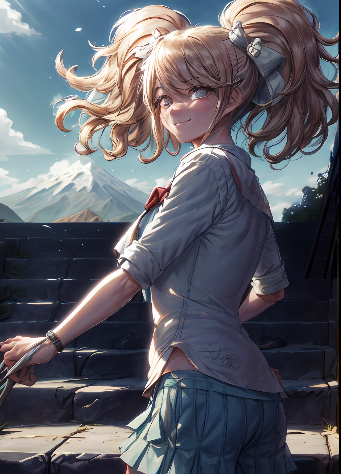 kujousaradef, upper body, smile, blush, outdoors, day, simple background, blue sky, short hair, sky, temple, looking at viewer, stairs, mountain, moody lighting, facing viewer,