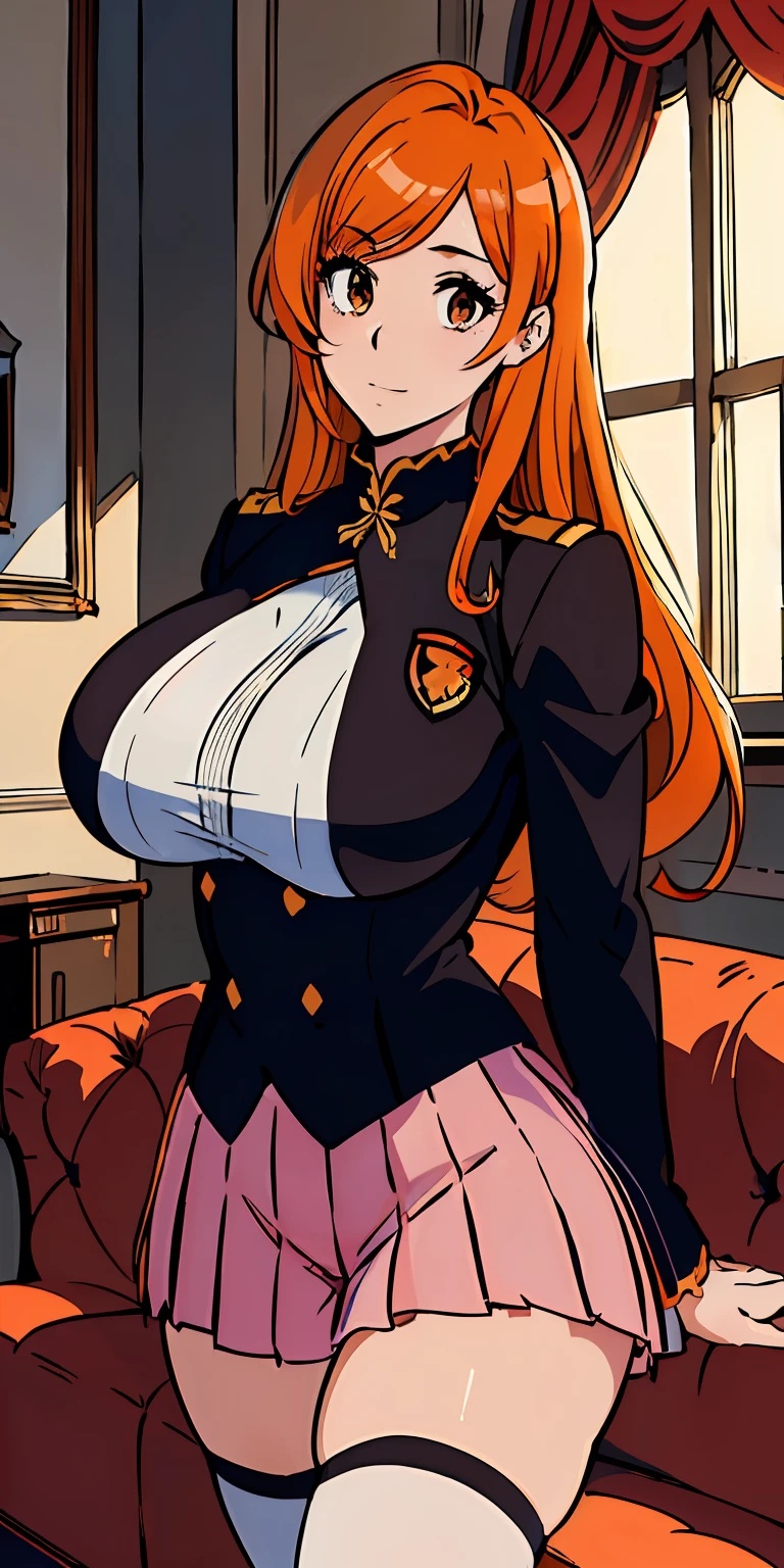 (((top-quality、​masterpiece)))、1girl in、A stunning、seductiv、(a miniskirt)、((Orange hair))、(((Longhaire)))、barechested、A sexy、(((Sheer uniform)))、student clothes、Pink underwear is visible、Show underwear、(((Colossal tits)))、large full breasts、Sheer areol、((sofas))