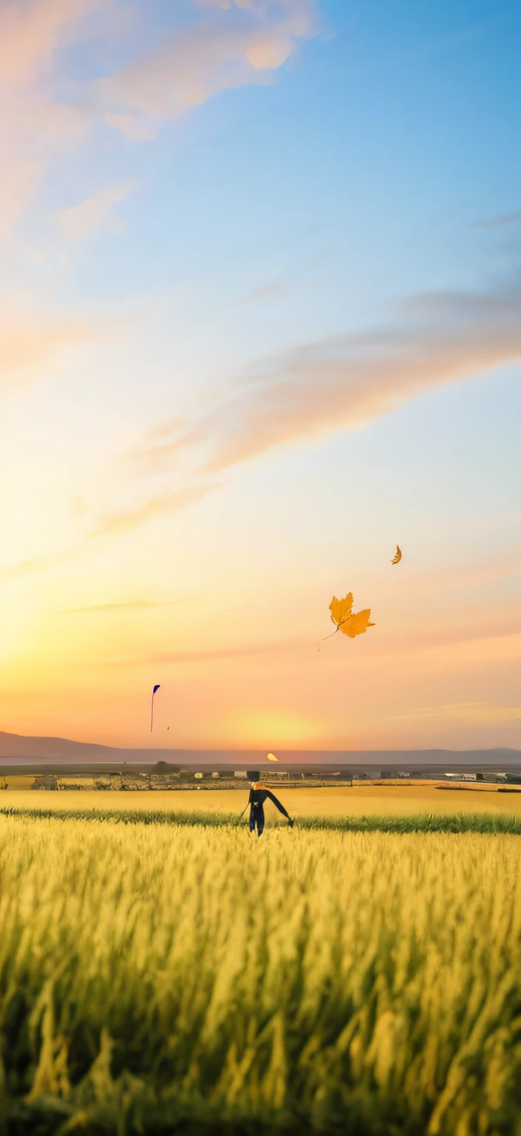 There is a man flying a kite in the field, sunset with falling leaves, at sunset in autumn, beautiful fine sky, Sunny sky, autumn sunset, Beautiful image, fall season, At sunrise, in a golden sunset sky, wallpaper - 1 0 2 4, Wide landscape, very beautiful photograph of, autumn field, warm beautiful scene, anime countryside landscape, dreamy scenes