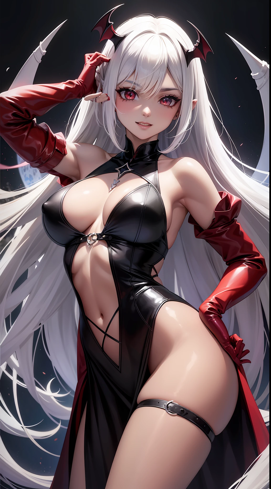 Elfa de olhos e cabelos vermelhos intensos, sorriso de vampiro, lajerie preto, extremamente sexy , pele perfeita, cinematic anime, super detalhado, luzes difusas, exposure, sexual, corpo inteiro, pale pale, coxas grosas, translucent pantyhose, ultra detalhado