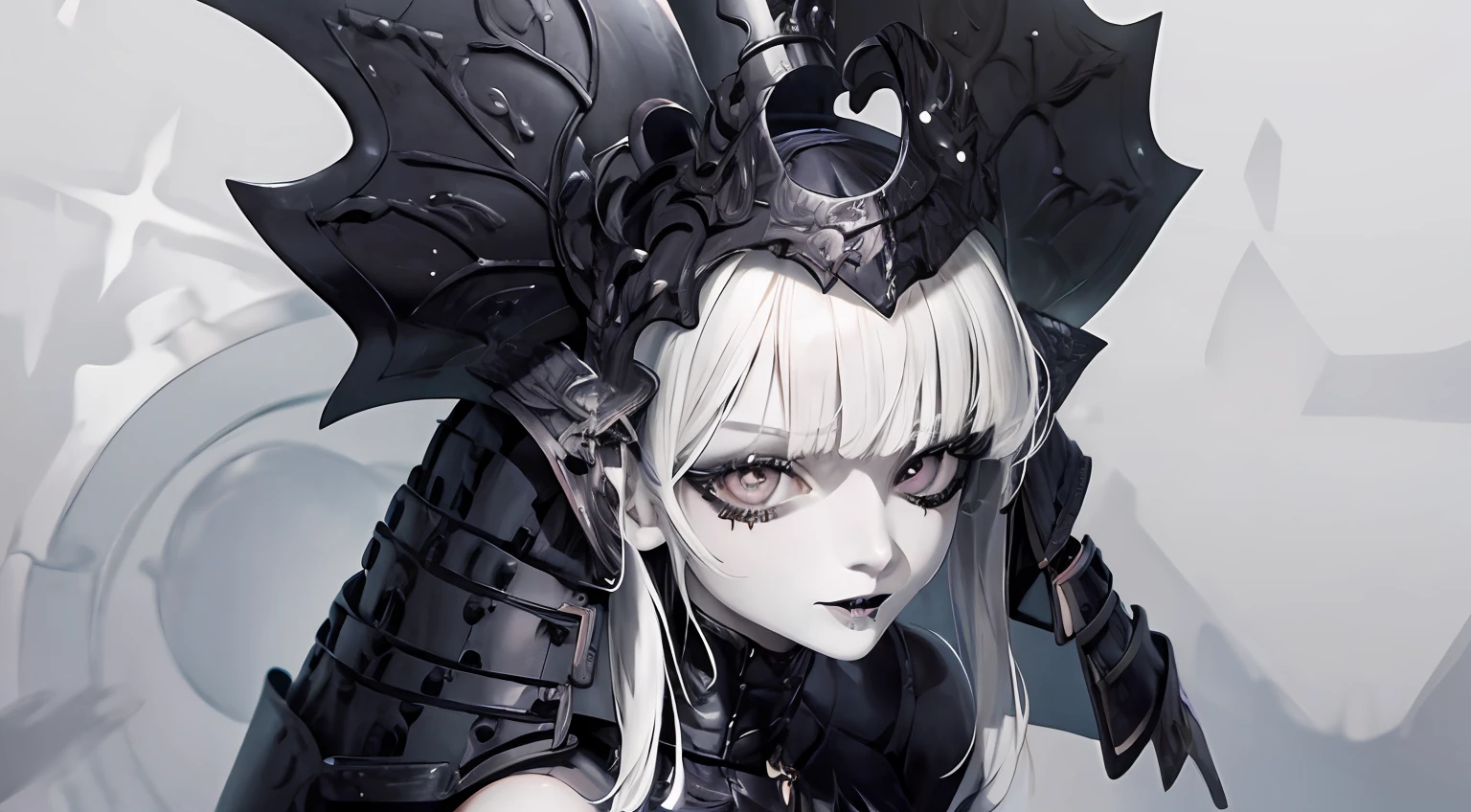 Anime girl with white hair and asymmetrical gothic style haircut, pale skinned, sobrancelhas brancas, capacete preto tampando olhos, black lipstick and extremely pointed dark gothic medieval armor. High quality Gothic-style image diffusion with white-haired anime girl, and pale skin, Pose confiante, gloomy setting, gotas de chuva, olhar severo, rosto oval, capacete preto tampando olhos, Black Lipstick 8K Detailed and Dynamic Wallpaper.