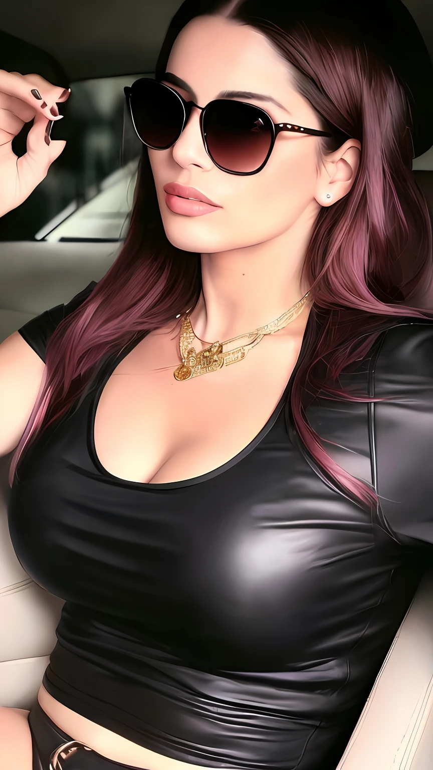Woman with sunglasses and a necklace in a car, wearing versace sunglasses, 3 0 anos de idade mulher, Mulher de 30 anos, with sunglasses, inspired by Gina Pellón, thick lips, imagem de perfil, Alanis Guillen, by Gina Pellón, Mulher de 30 anos de Cuba, pink lips, cerca de 3 5 anos, wearing sunglasses