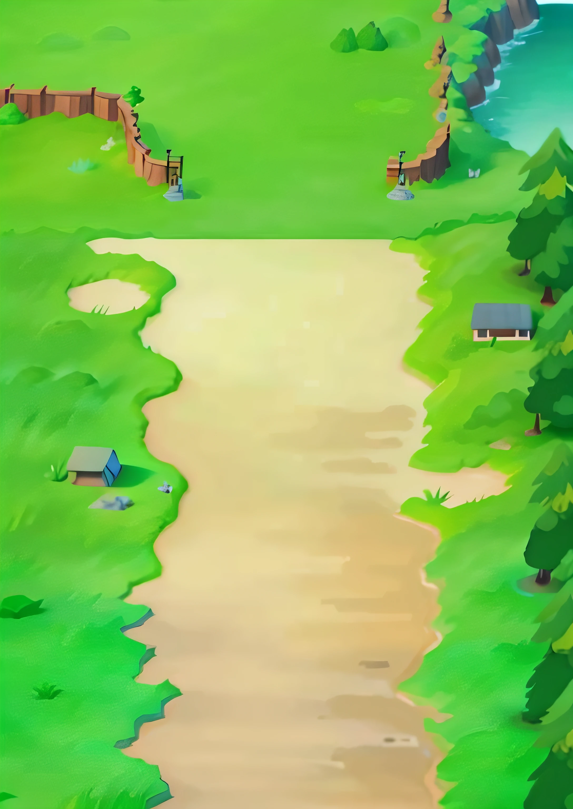 Cartoon illustration of river with bridge and tree background, Mobile game background, mobile game asset, Large path, inside stylized border, 2d game background, forest setting, game texture, in game graphic, texture for 3d, forest outside, game top down view, Forest in the background, Scenes inside the forest, ground detailed,The grass is rich in detail,Pavement texture,Strong sense of volume