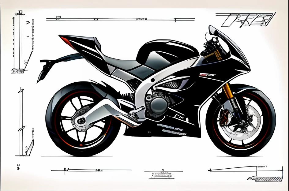 The drawings of the motorcycle and its line drawings are shown, technical sketch。the sideview,Futuristic,mechanical sense