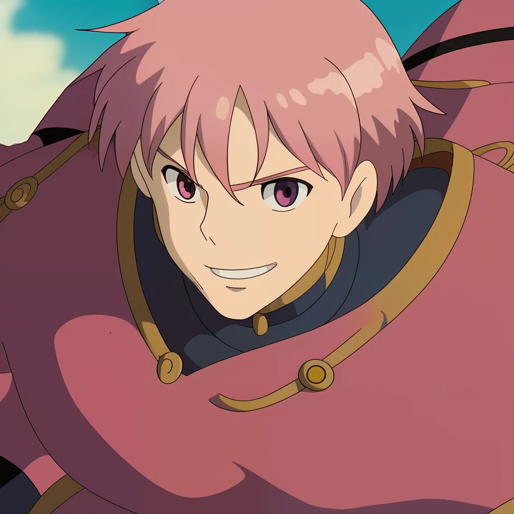 A man in Studio Ghibli anime style, pink hair, pink eyes, smiling, a man