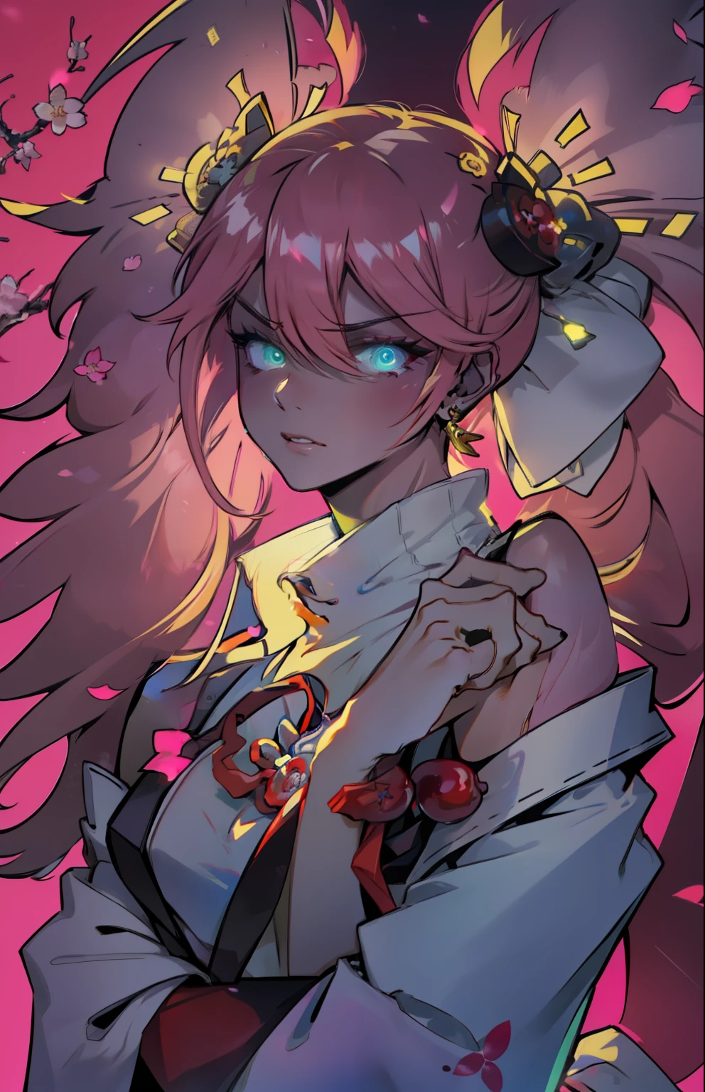 (Masterpiece, Excellent, 1girl, solo, complex details, color difference), realism, ((medium breath)), off-the-shoulders, big breasts, sexy, Yae Miko, long pink hair, red headdress, red highlight, hair above one eye, green eyes, earrings, sharp eyes, perfectly symmetrical figure, choker, neon shirt, open jacket, turtleneck sweater, against the wall, brick wall, graffiti, dim lighting, alley, looking at the audience, ((mean, seductive, charming)), ((cherry blossom background ))),((Japanese temple background)))), (((Glow-in-the-dark background)))
