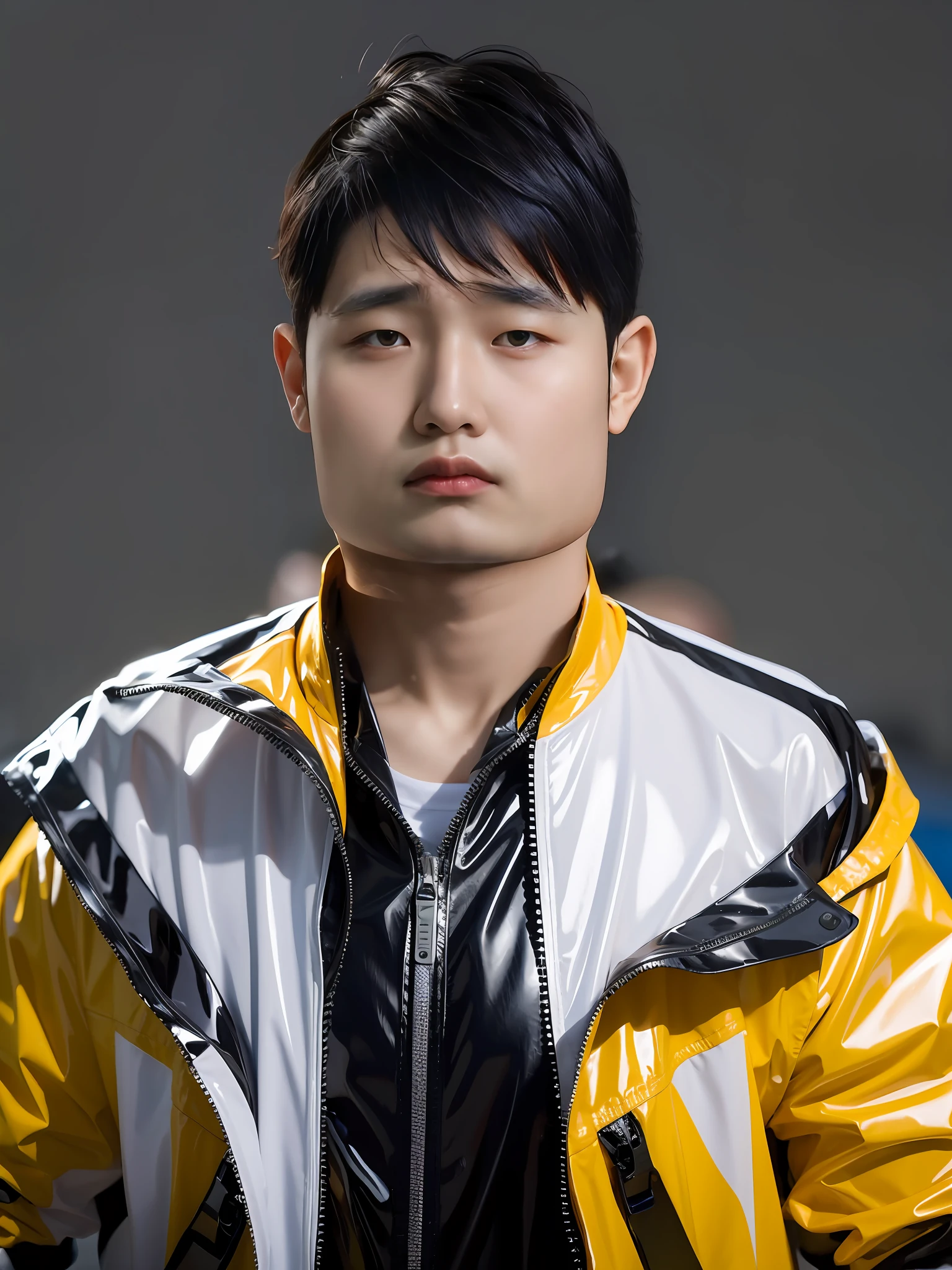 A Chinese male high school student,Wear a sports raincoat in PVC,There are zippers