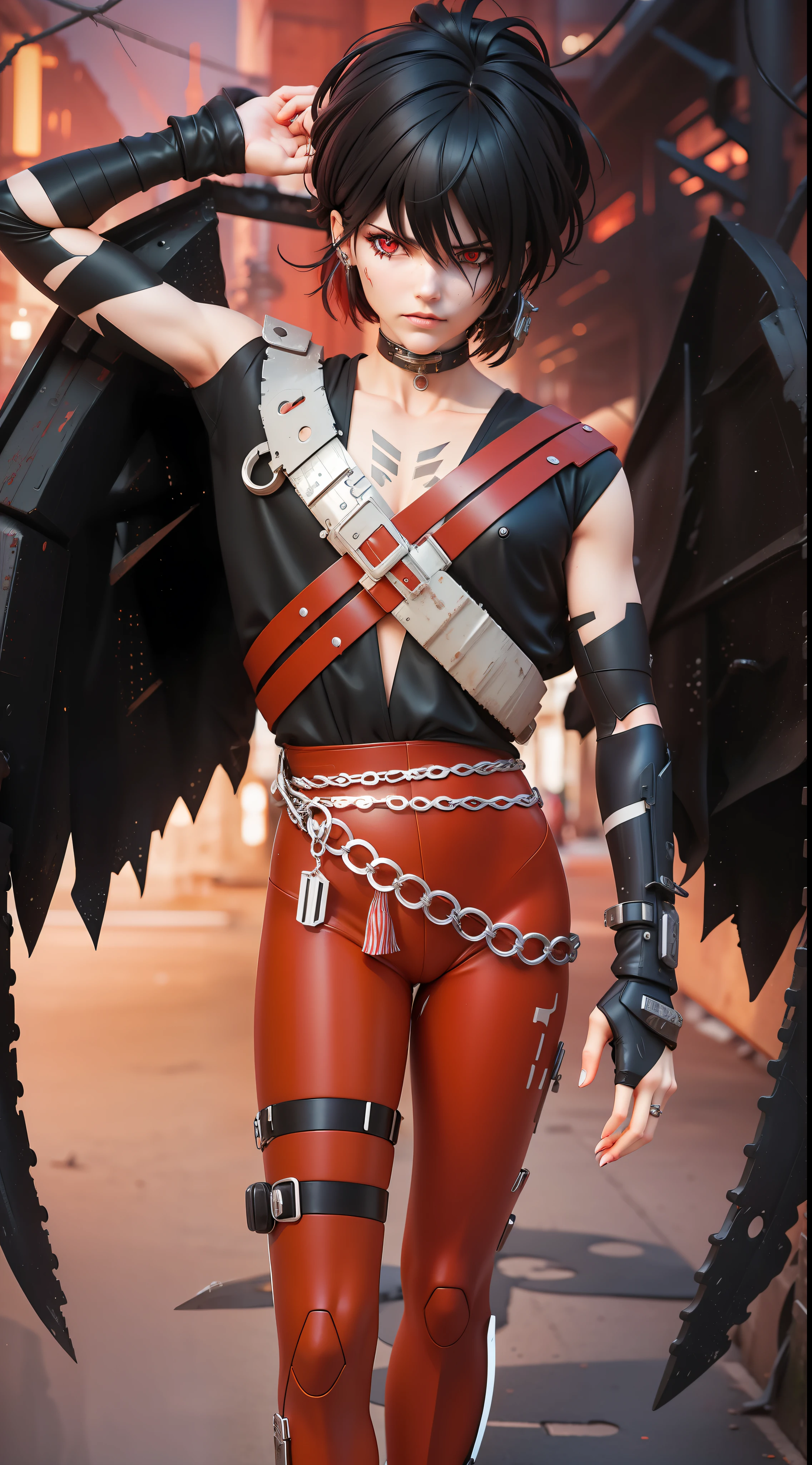 Dark_Fantasy,Cyberpunk,(chain saw,chain saw man,Red:1.1),1man,Mechanical marvel,Robotic presence,Cybernetic guardian, wearing a worn-out mech suit, intricate, (steel metal [rusty]), elegant, clear focus, shot by greg rutkowski, soft lighting, vibrant colors, masterpiece, ((street)), cowboy shot, dynamic pose, red eyes , mask cyborg