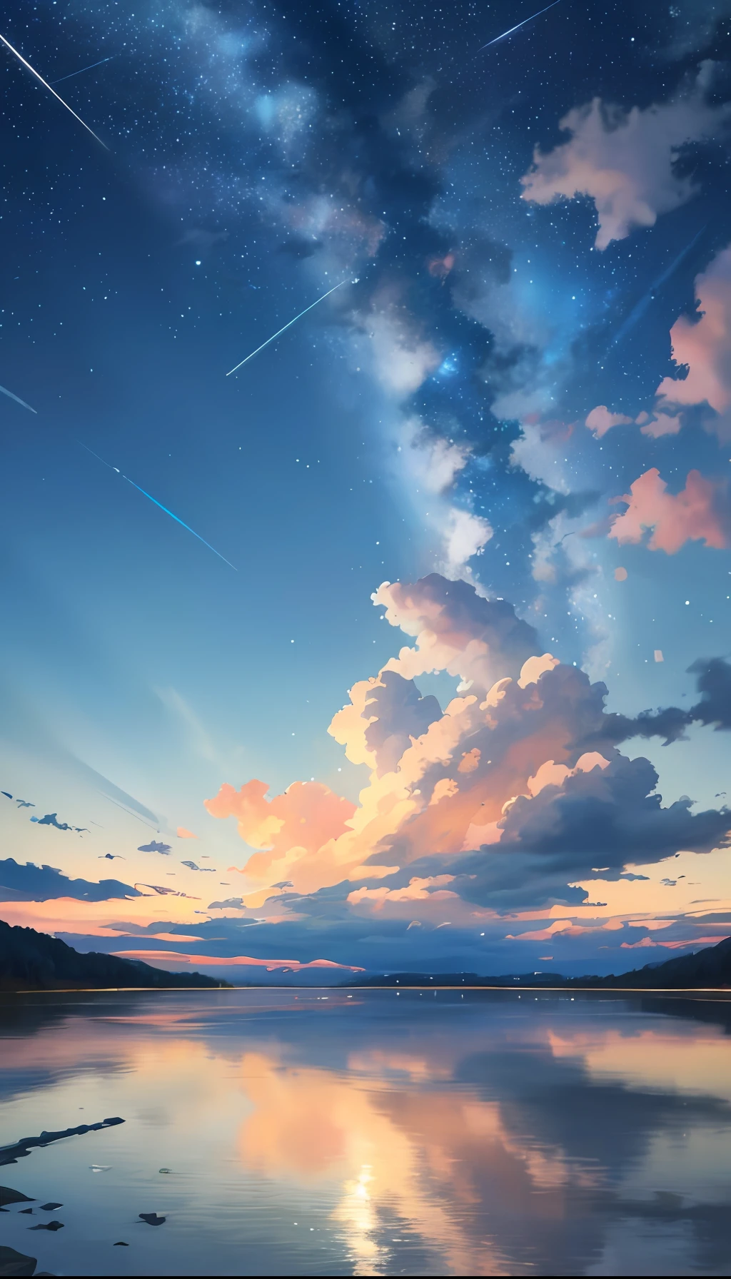 Beautiful night sky，meteor shower，Beyond the clouds，Water surrounds，inverted image，Wide Angle Angel，Breathtaking clouds，wide angles，Shinkai sincerely，tomas kinkade，James Gillard，holosomnialandscape，HDR，Volumetriclighting, Ray traching, A complex, high detal, The is very detailed, deviantart, 4k vertical wallpaper, Colorful, airy,