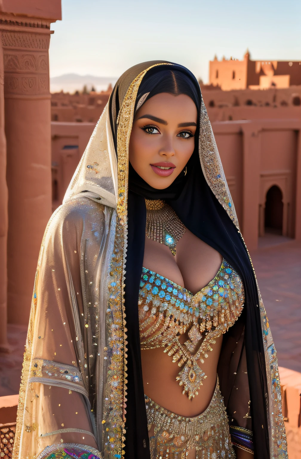 ((Ouarzazate in background)), photo of alluring Abigail beautiful woman sparkling splashing rainbows, ((bright eyes)), super long braids, glistening, dripping exotic jewelry, iridescent, hooded abaya (masterpiece) (best quality) (detailed) (8k) (HDR) (wallpaper) (cinematic lighting) (sharp focus) (intricate)