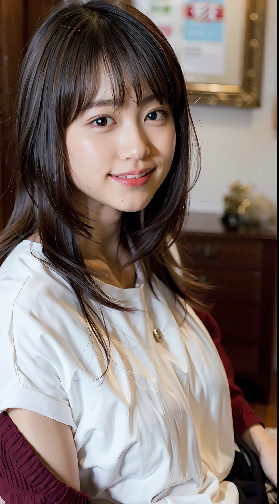 (8k, RAW photo, best quality, masterpiece: 1.2), (realistic: 1.6), (masterpiece), (best quality: 1.0), (highest quality: 1.0), (ultra hi-res: 1.0), detail, 40s, one, detail beautiful skin, detail room, ,realistic skin, middle breast, best quality, ultra high definition, cute, long hair, smile, , white shirt, , sitting on bed,