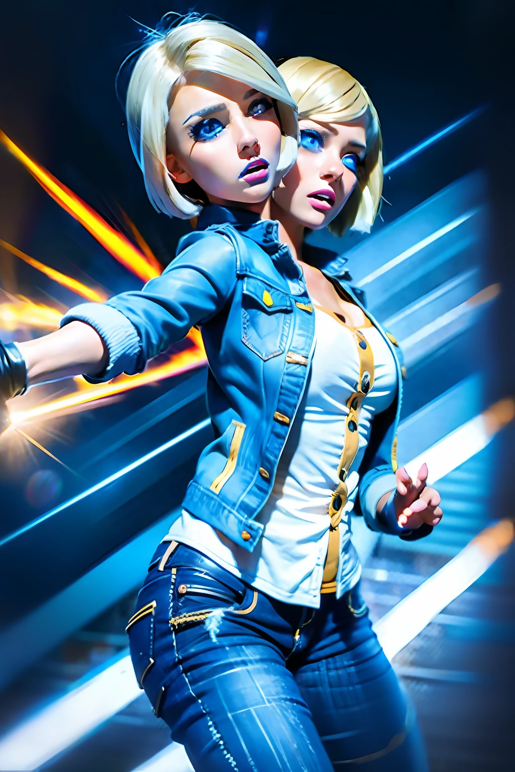 (((2heads))), pantyhose, (((1 girl, cute, denim jacket, white top, Gloves, blond, short hair, bob hair, side parted hair, blue eyes))), (((blond hair))),
dynamic poses, manga style, depicting a group of characters in various action scenes, from intense battles to lighthearted moments, with dramatic speed lines and bold sound effects, capturing the excitement and energy of the story, Laser rays from the palm of hand, Attack forward with palm, yellowstone park, Grand Canyon,