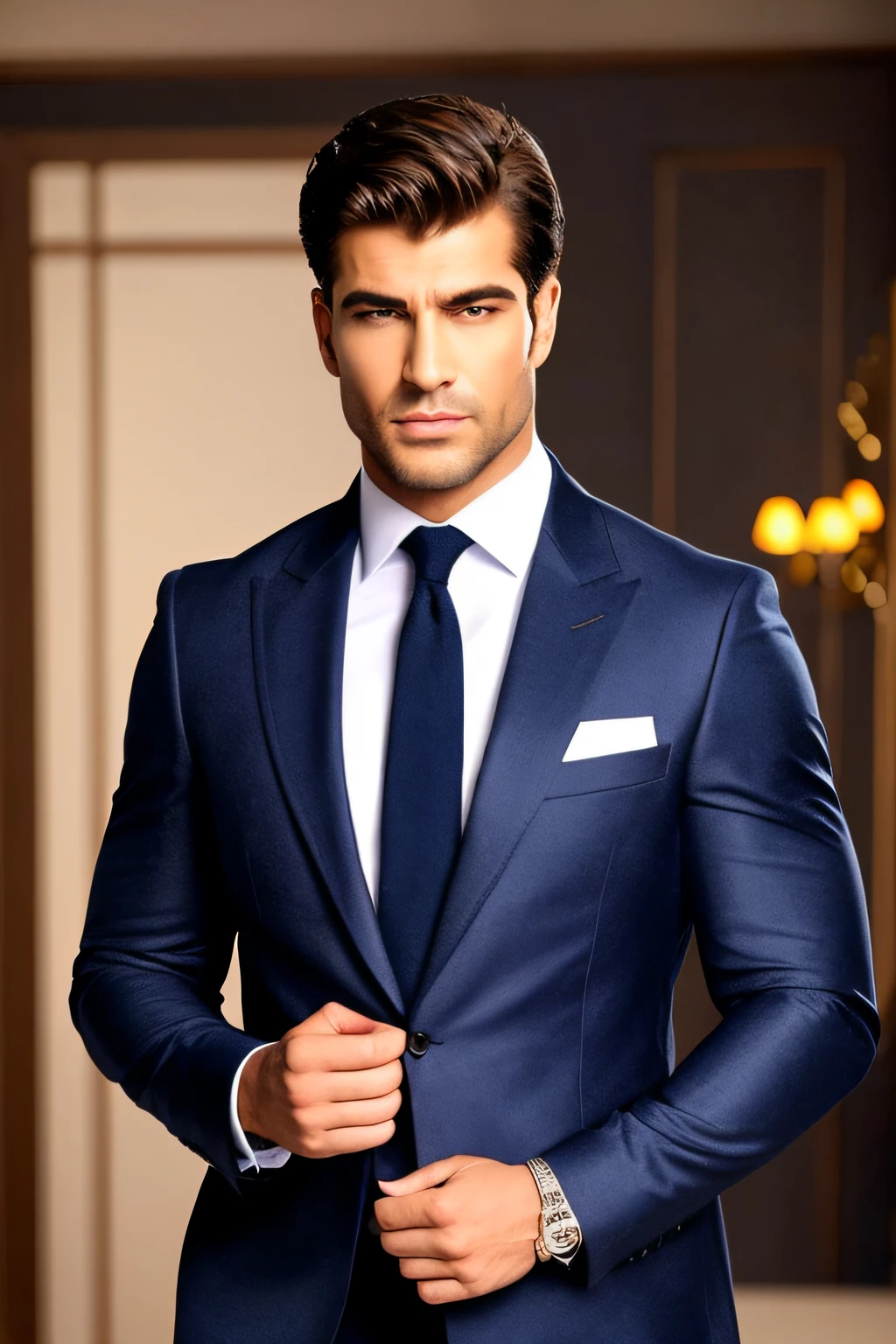Foto 4 HD. Homem usando roupas elegantes e bem cortadas , that match its sophisticated appearance. ele tem uma postura ereta e confiante , and is known for his imposing and charismatic presence. embora seja atraente , Their appearance is somewhat austere and can be intimidating to some people.