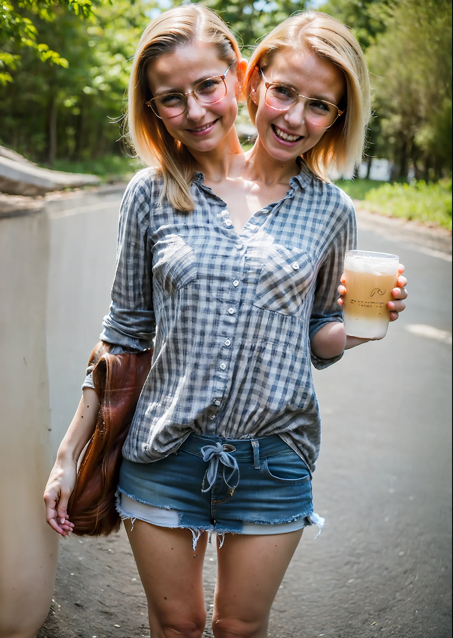 2heads, two headed girl, (mom and daughter sharing a body:1.5), (left head is a child:1.5), (one torso:1.5), (female:1.5), (blonde:1.5), (two heads attached to one body:1.4), conjoined twins, heads side by side, one body, young, uncomfortable, barefoot, bare breasts