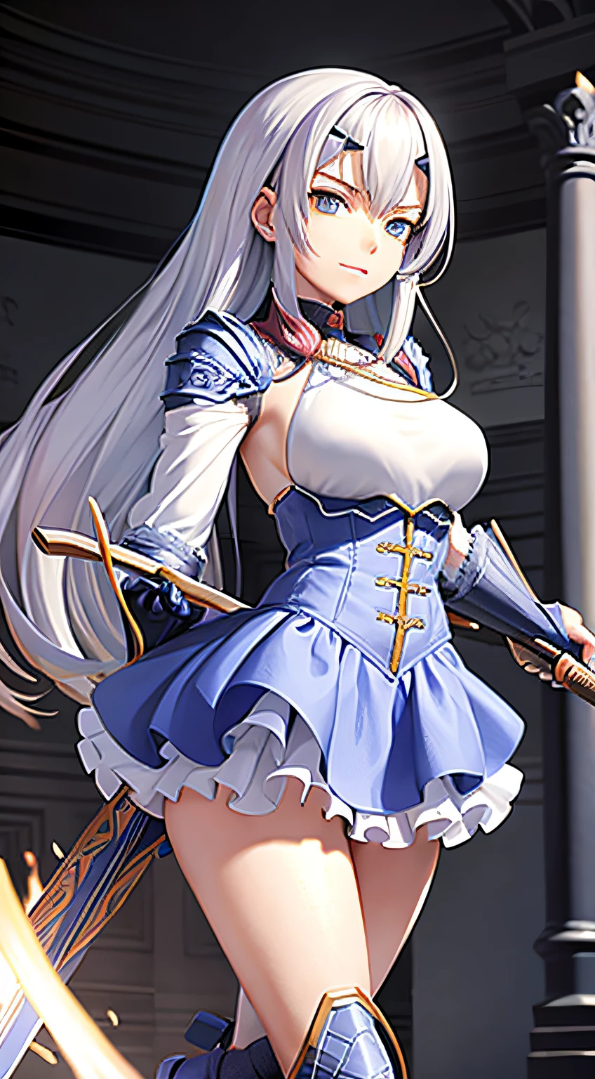 Wearing heavy armor，exposing her chest，With a sword