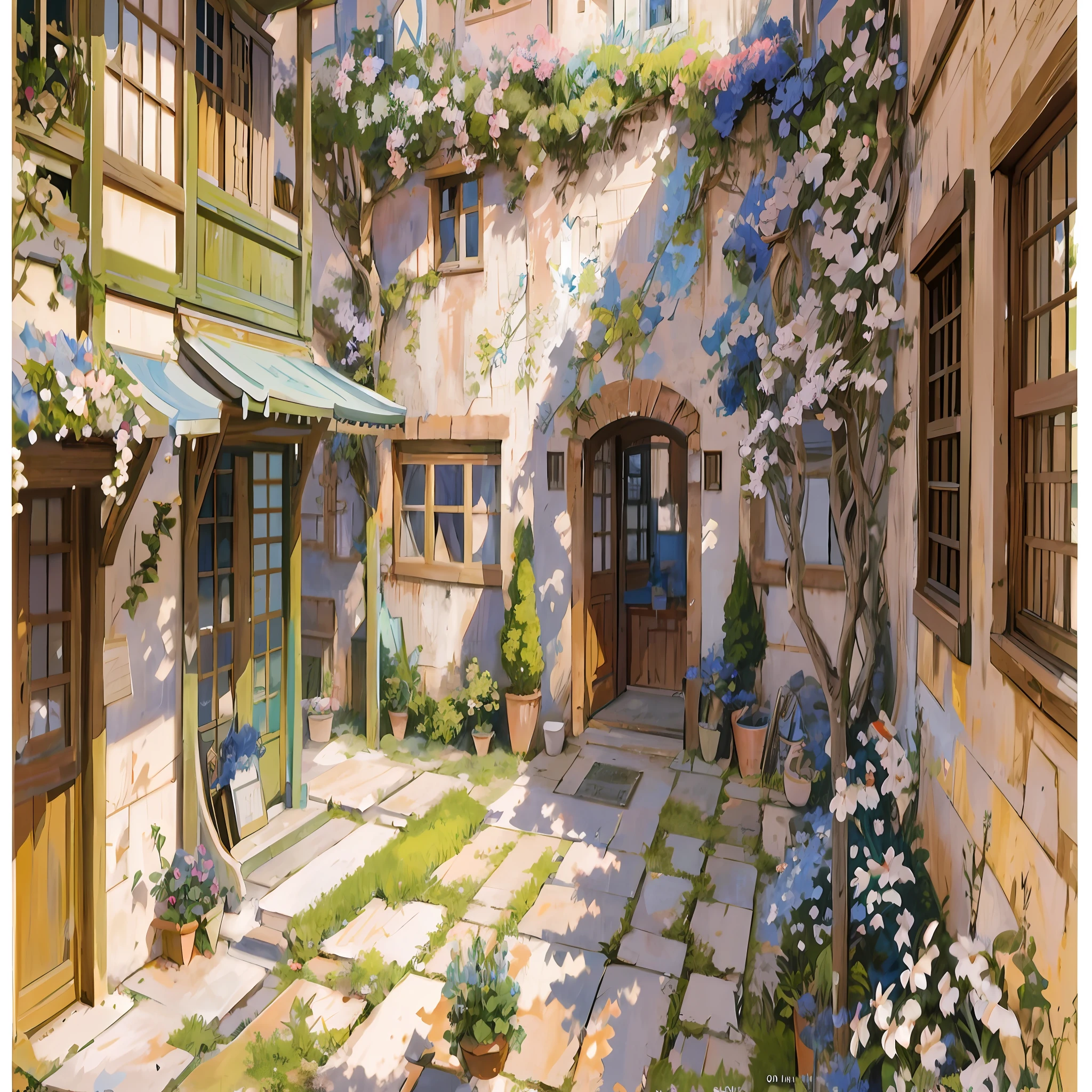 painting of a courtyard with a table and chairs and a bench, anime background art, relaxing concept art, anime scenery concept art, immensely detailed scene, a beautiful artwork illustration, detailed scenery —width 672, studio ghibli environment, highly detailed scene, environment design illustration, beautiful anime scene, ghibli studio style, anime scenery, detailed soft painting, environment painting