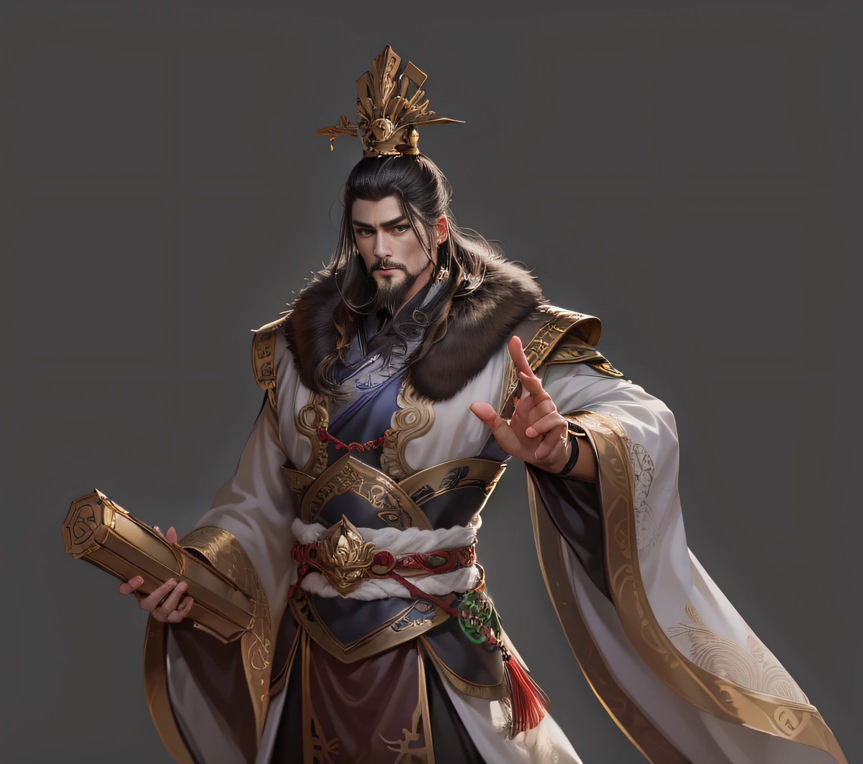 1boy,(8k,Best Picture Quality,tmasterpiece:1.4),final fantasy,The highlight hits the face，Mature man, Chinese style, ancient Chinese long hair, black eyes, split ends, long hair, long bangs, handsome, masculine, serious, gentle, tall, calm, calm and black gold blend，Gold texture，loong pattern，Highly detailed face，General of the Great Qin Empire，Wearing an imperial crown on his head，Dressed in a golden military uniform，Handheld a scroll，Angry eyes，sbeard，Deterrence in all directions，Extremely detailed，Colorful，highestdetailed，offcial art，统一 8k 壁纸，ultra - detailed，Handsome，big breasts beautiful，tmasterpiece，best qualtiy，（zentangle，datura，Tangles，entangled），holy rays，gold foil，Gold leaf art，glitter drawing，PerfectNwsjMajic