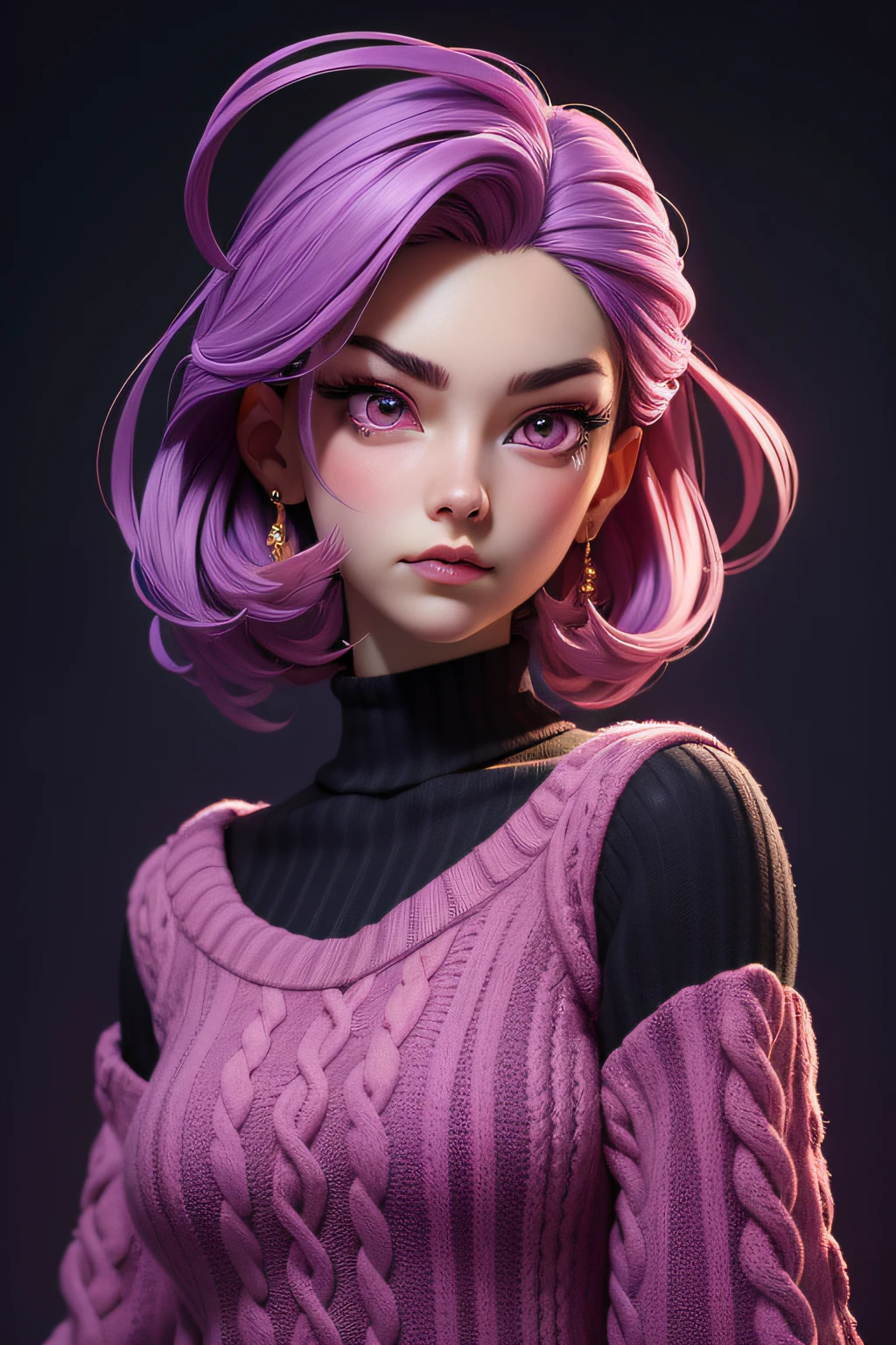 3dmm style,(masterpiece, top quality, best quality, official art, beautiful and aesthetic:1.2), (fractal art:1.3), 1girl, beautiful, high detailed, purple hair with a hint of pink, pink eyes, dark lighting, serious face, looking the sky, sky, medium shot, black sweater, jewelry