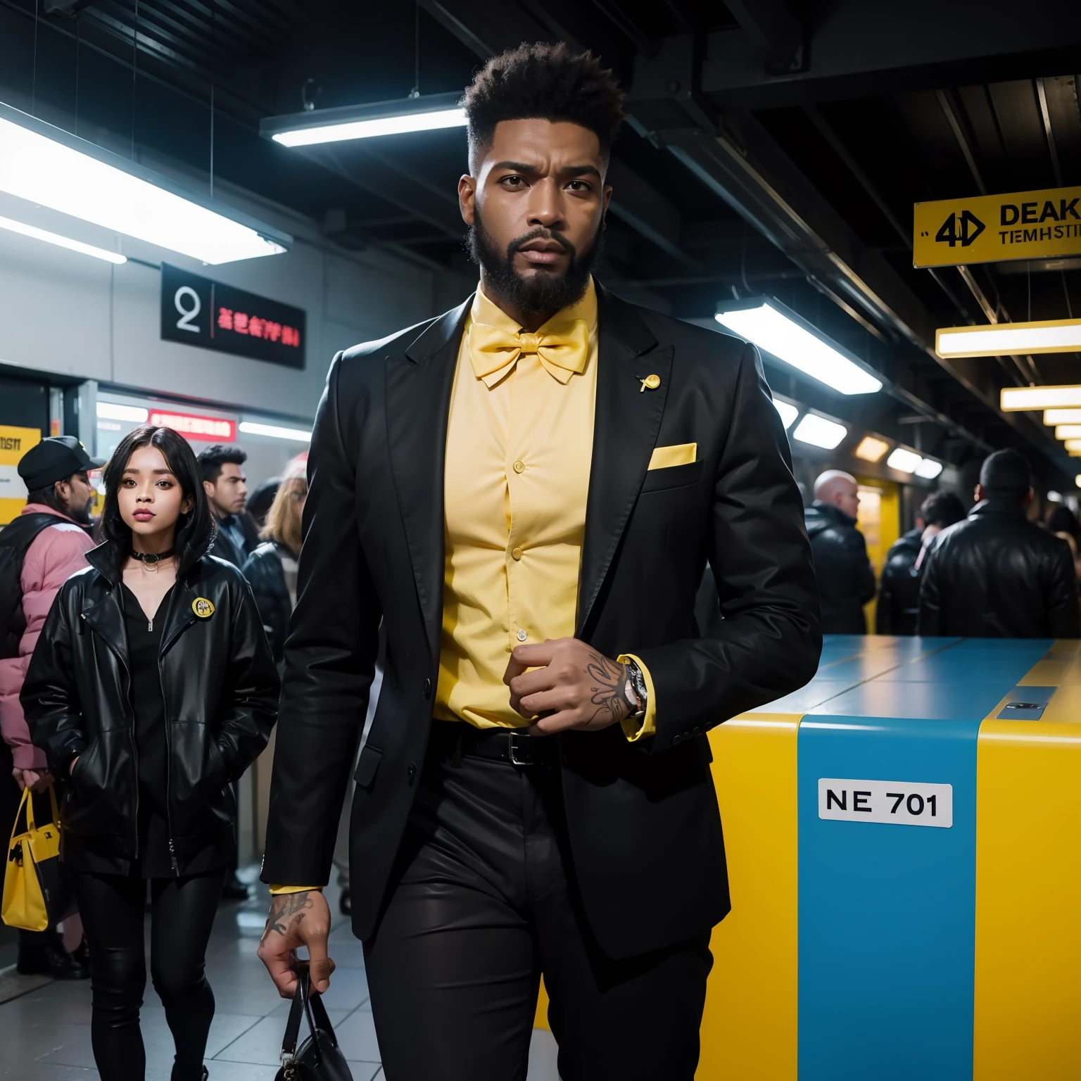 gostaria de uma imagem estilo cyberpunk em 4k de 2 personagens de mais ou menos 40 anos ,africano, forte, musculoso,Bodybillder,muito forte de pele negra ,barba grande,barba, Estiloso Barbon,com cabelo punk estilo anos 80 na cor amarelo e cinza escuro,muito eLegante,, futurista e estiloso neon , com uma tatuagem super colorida e com neon ,Toattoo, facing a metro station on the platform , with station lights failing in a dimly lit environment, standing dressed in a dark yellow suit with a pink bow tie and baggy shirt.